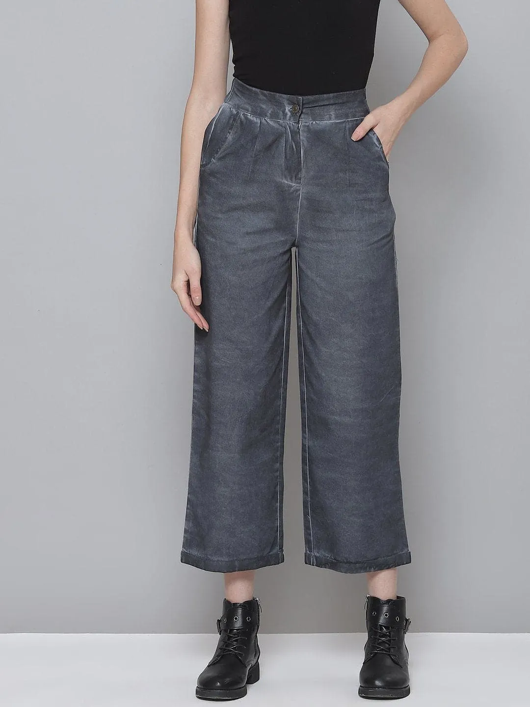 Charcoal Grey Twill Pigment Wash Straight Pants