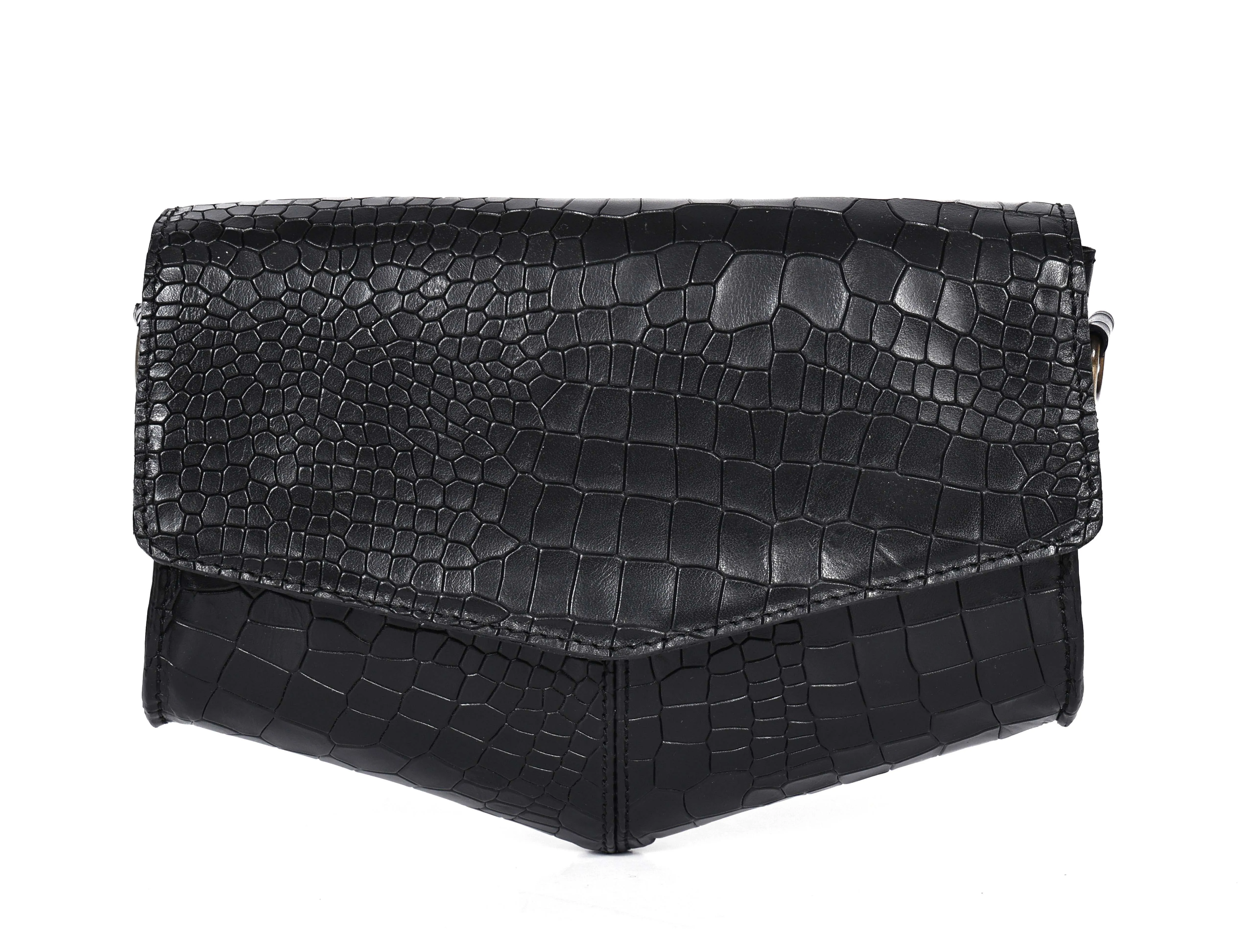 Chic Elegance: Black Deep Croco Leather Crossbody Bag. Art: BG-1602