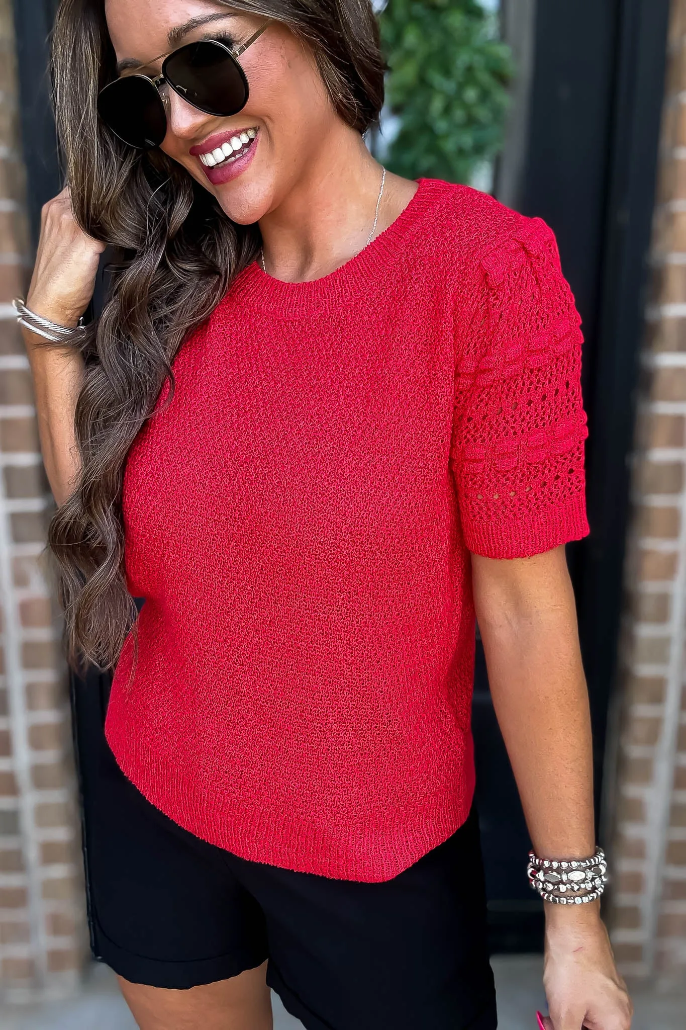 Crochet Red Short Sleeves Top