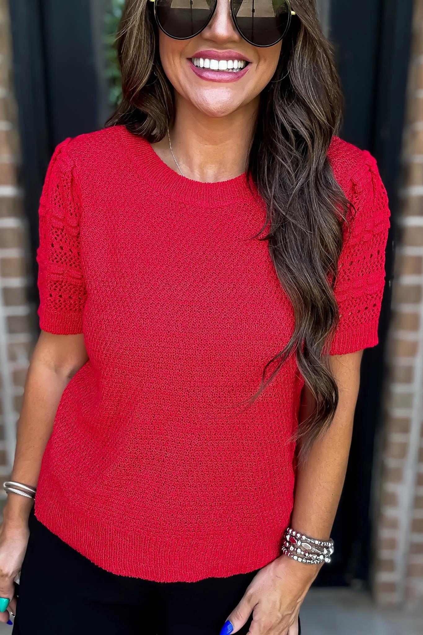 Crochet Red Short Sleeves Top