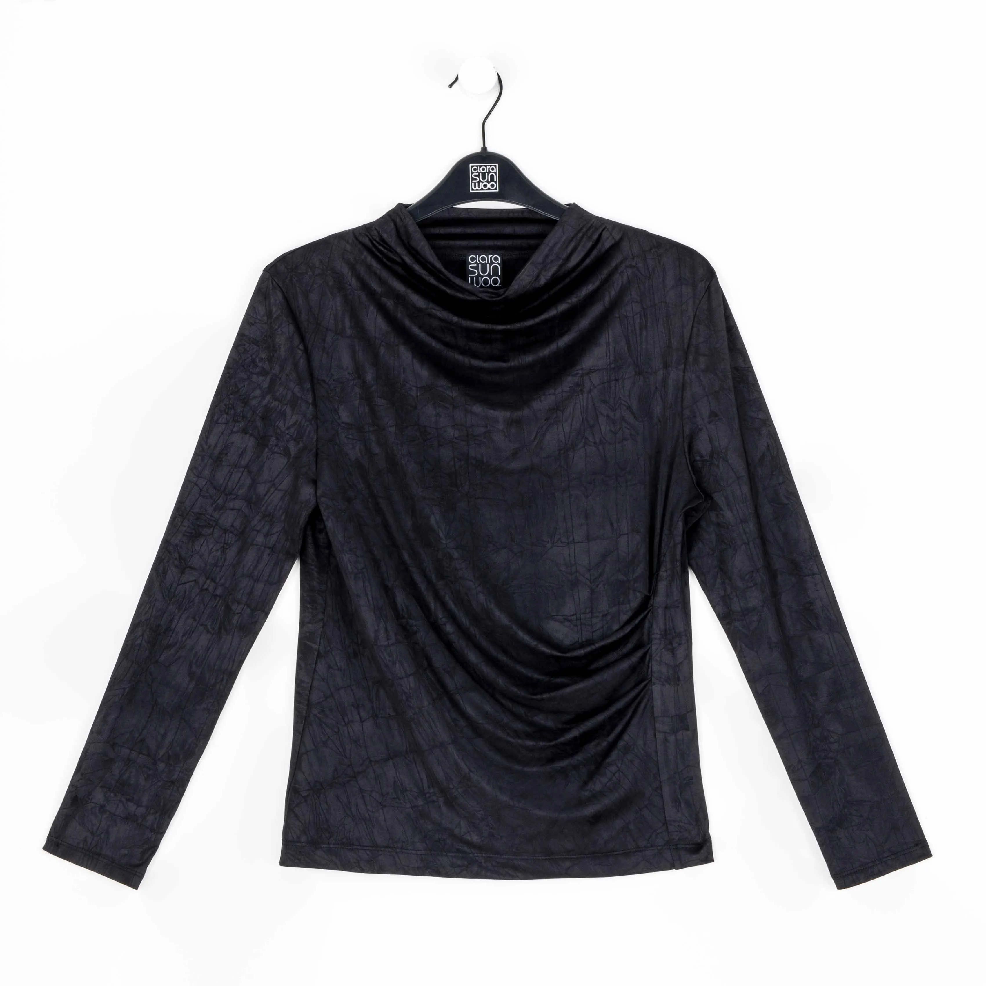 Crushed Silk Knit - Draped Neck Side Ruched Top - Black - Final Sale!