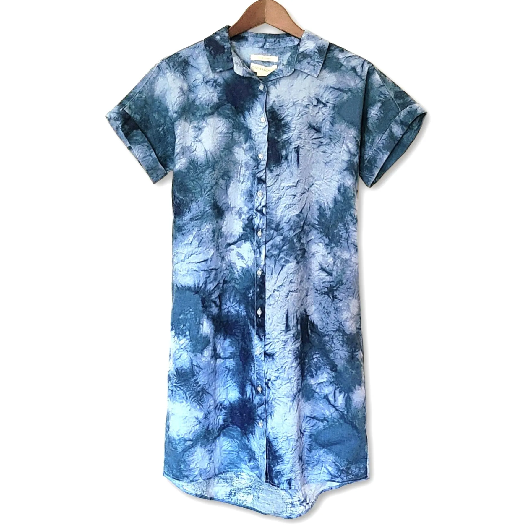 Cynthia Rowley Women's Linen Hi-low Hem Short Sleeve Tie Dye Print Mini Shirt Dress