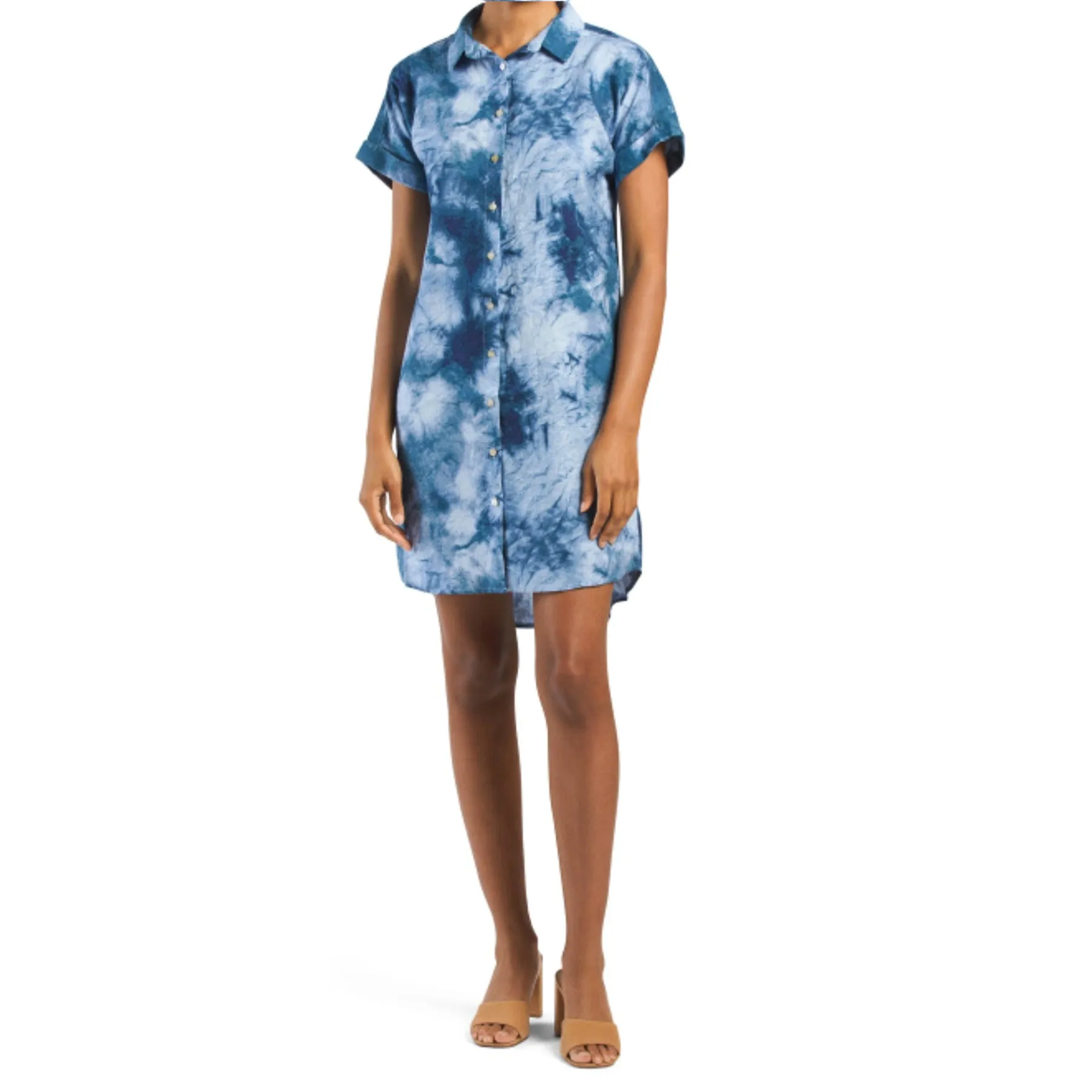 Cynthia Rowley Women's Linen Hi-low Hem Short Sleeve Tie Dye Print Mini Shirt Dress