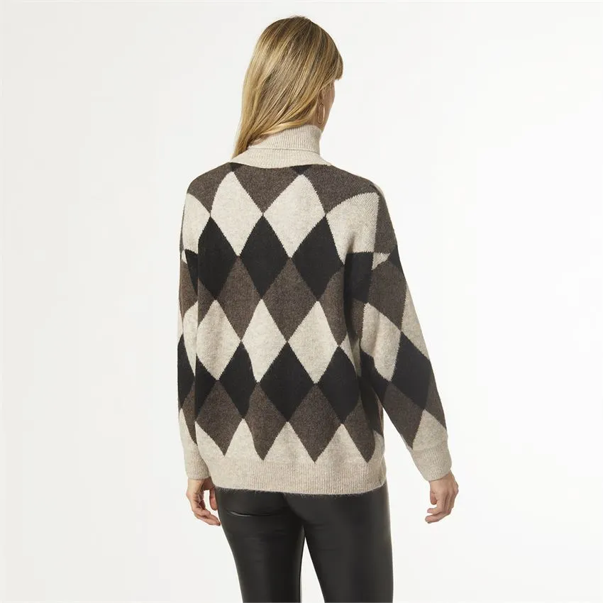 Emila Diamond Turtleneck Sweater  - Taupe/Brown/Black