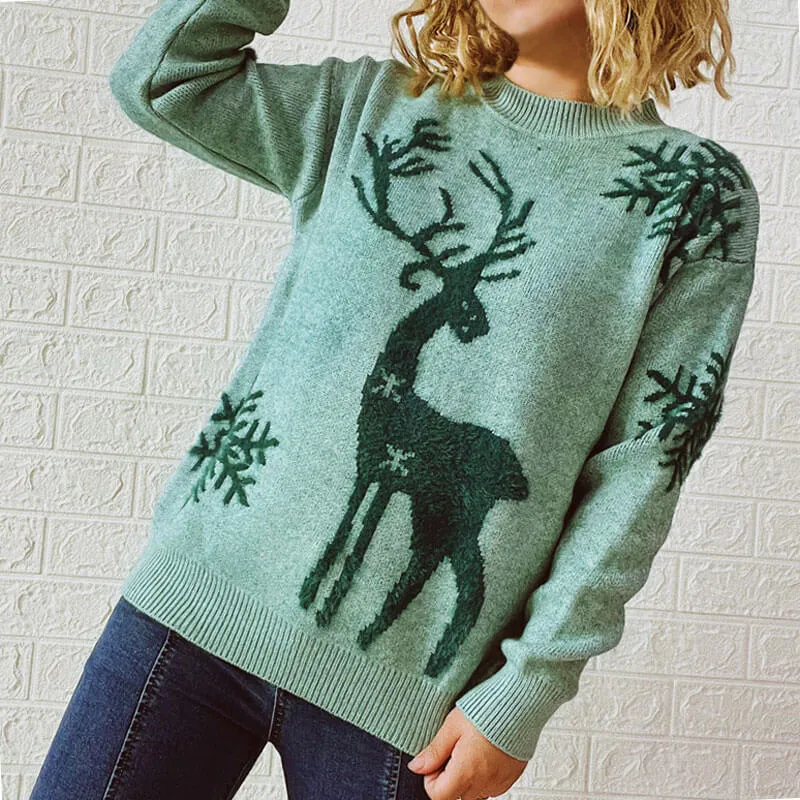 Eyelash Snowflake Reindeer Long Sleeve Pullover Christmas Sweater