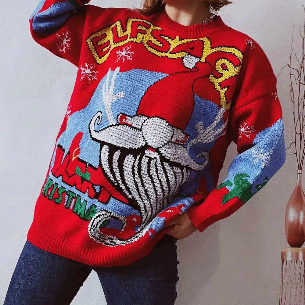 Festival Santa Claus Crew Neck Long Sleeve Red Christmas Sweater