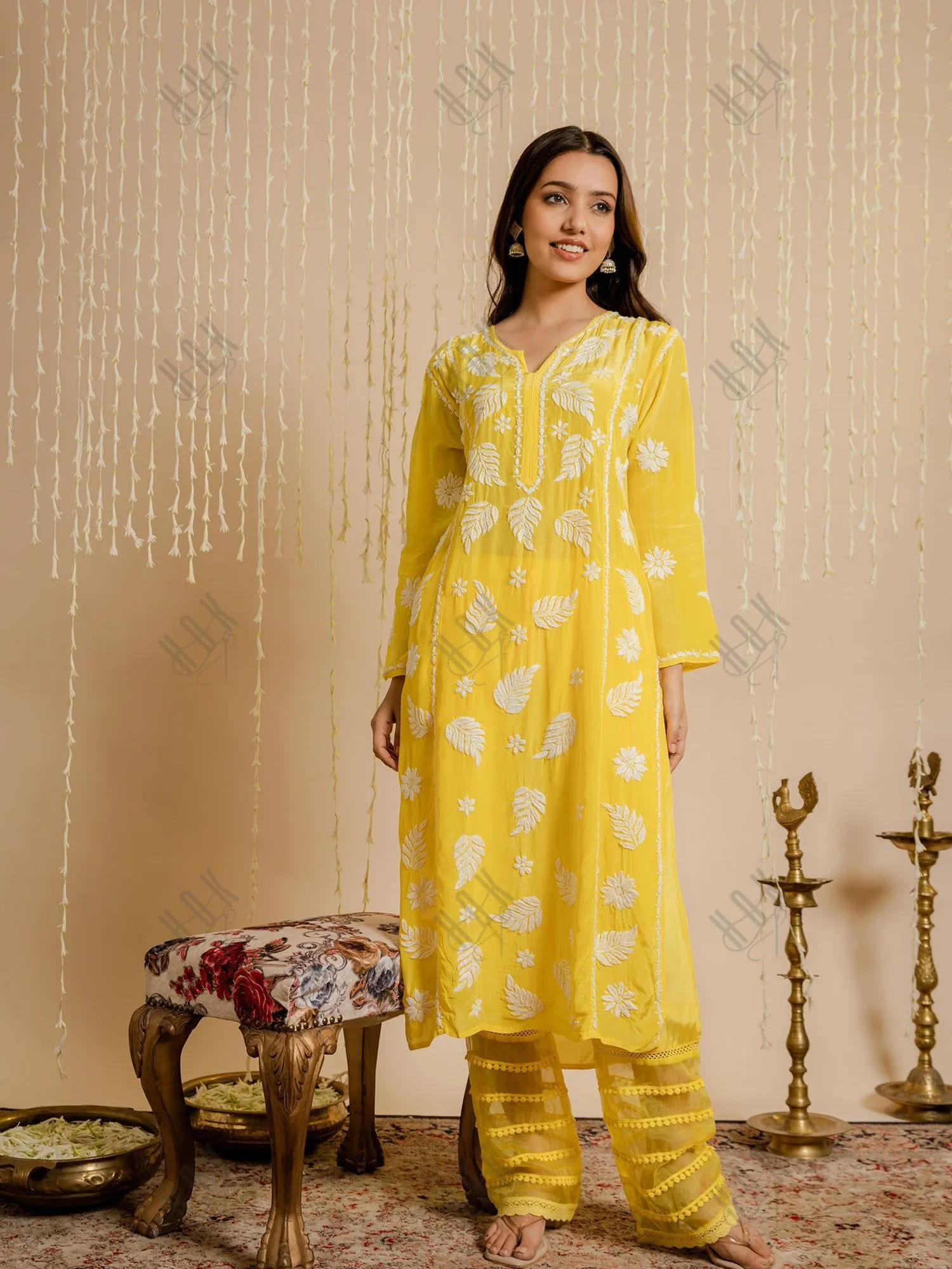 Fizaa Chikankari Crepe Silk Kurta for Women in Yellow Notch Neck