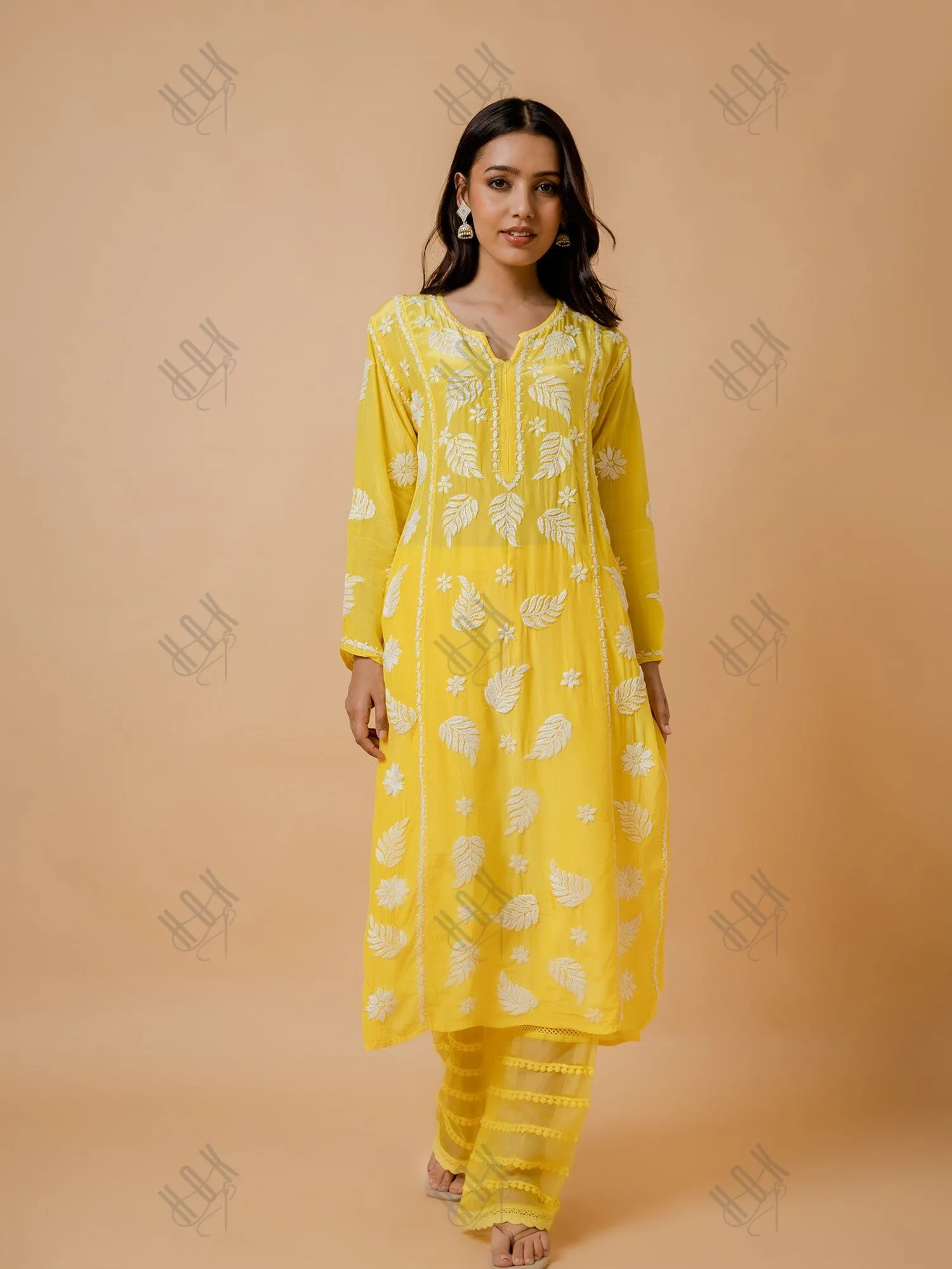 Fizaa Chikankari Crepe Silk Kurta for Women in Yellow Notch Neck