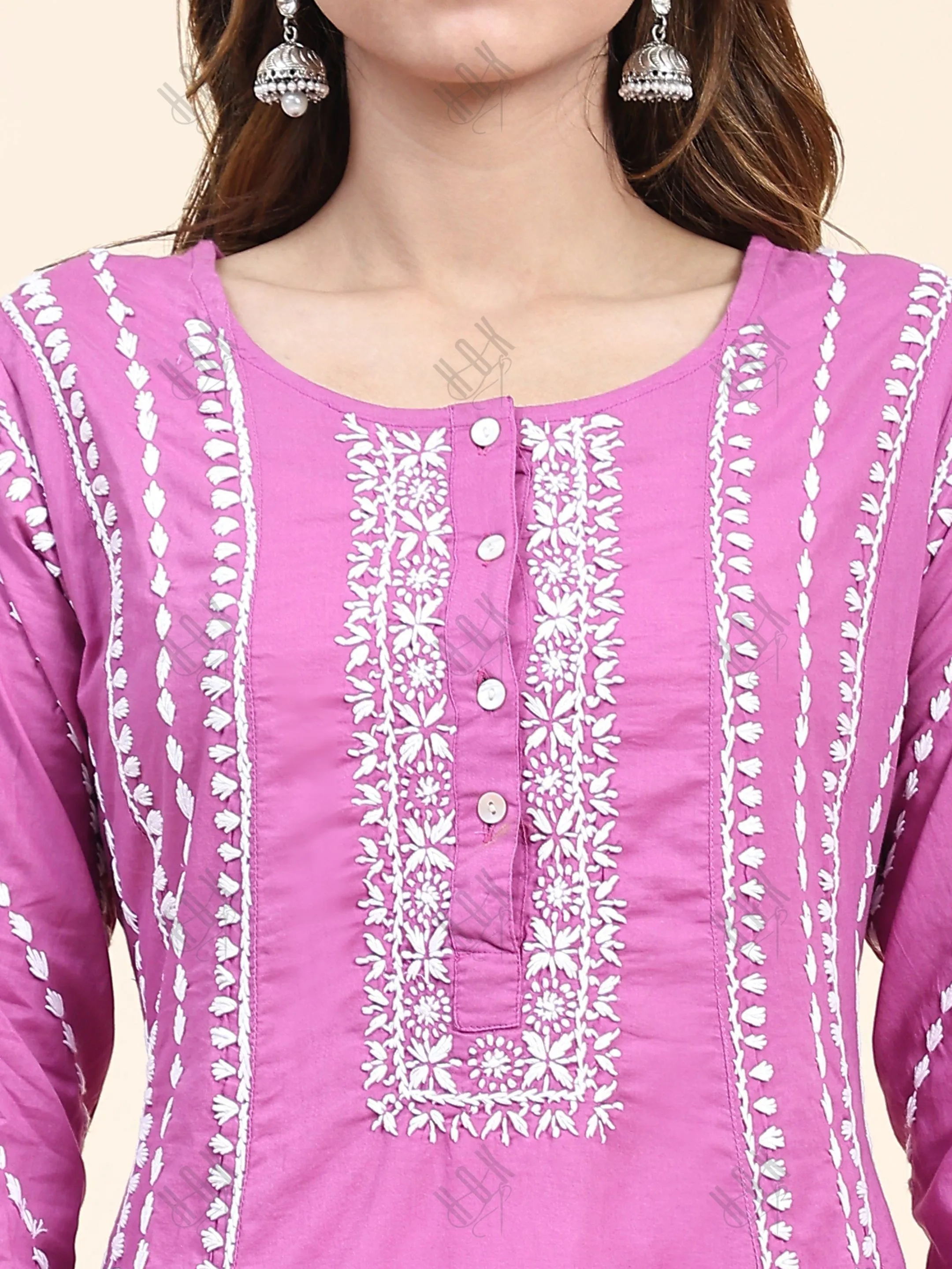 Fizaa Chikankari Long Kurta In Cotton For Women-Purple