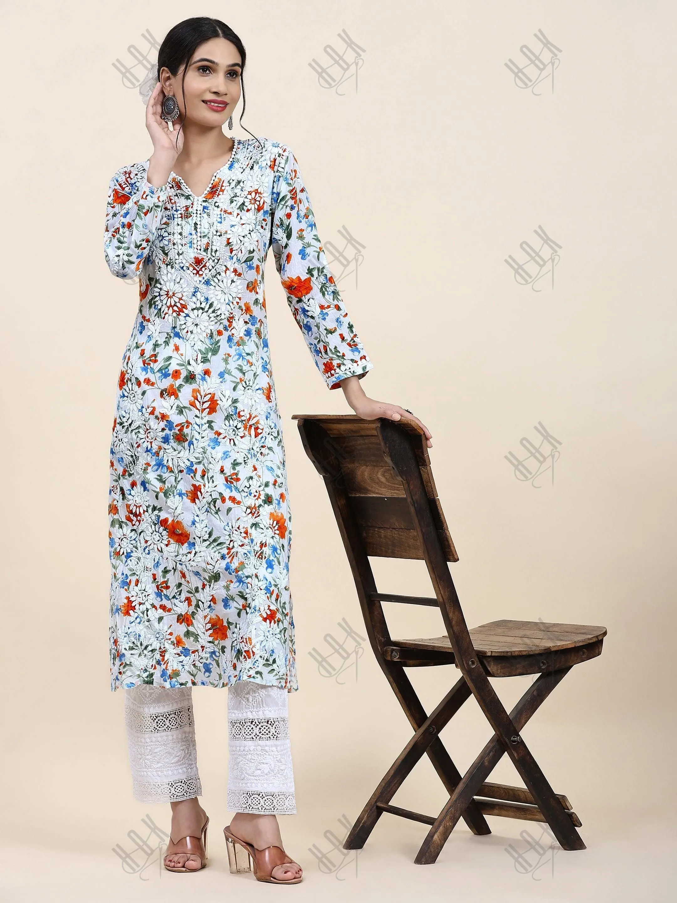 Fizaa Chikankari Long Kurta in Mul Cotton for Women - Blue with Orange Flower