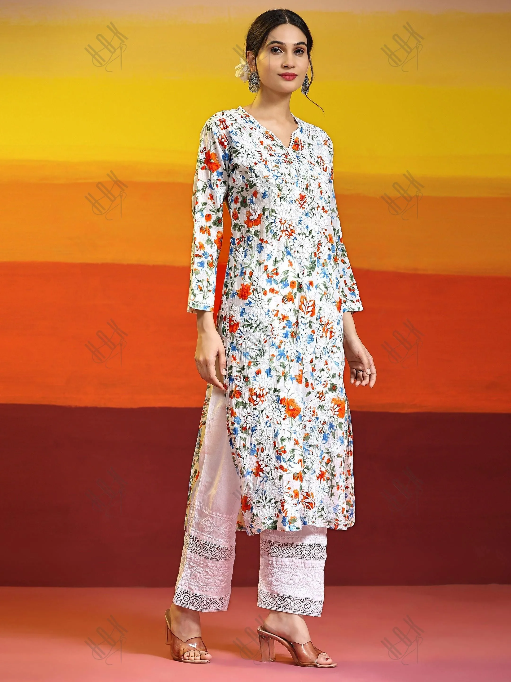 Fizaa Chikankari Long Kurta in Mul Cotton for Women - Blue with Orange Flower