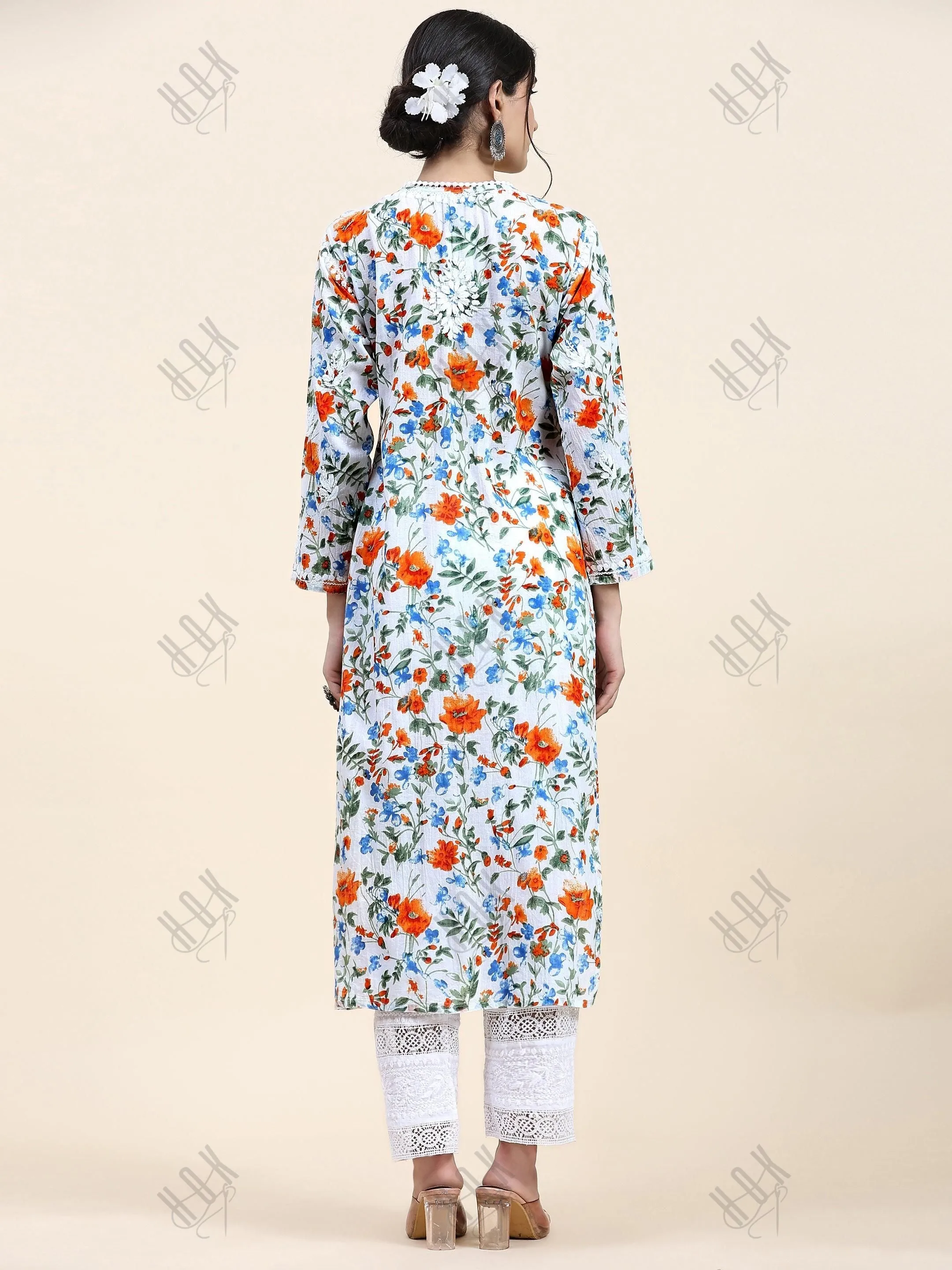 Fizaa Chikankari Long Kurta in Mul Cotton for Women - Blue with Orange Flower