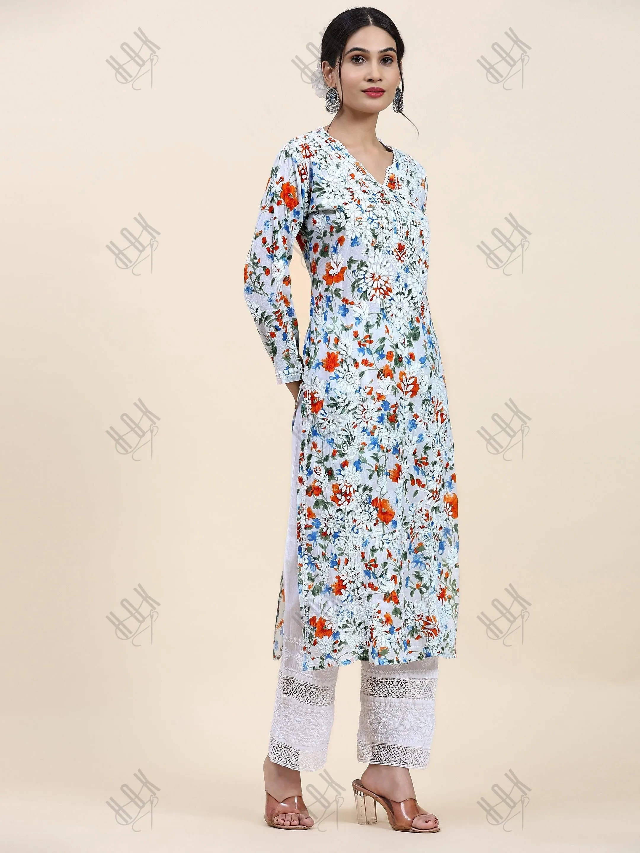 Fizaa Chikankari Long Kurta in Mul Cotton for Women - Blue with Orange Flower