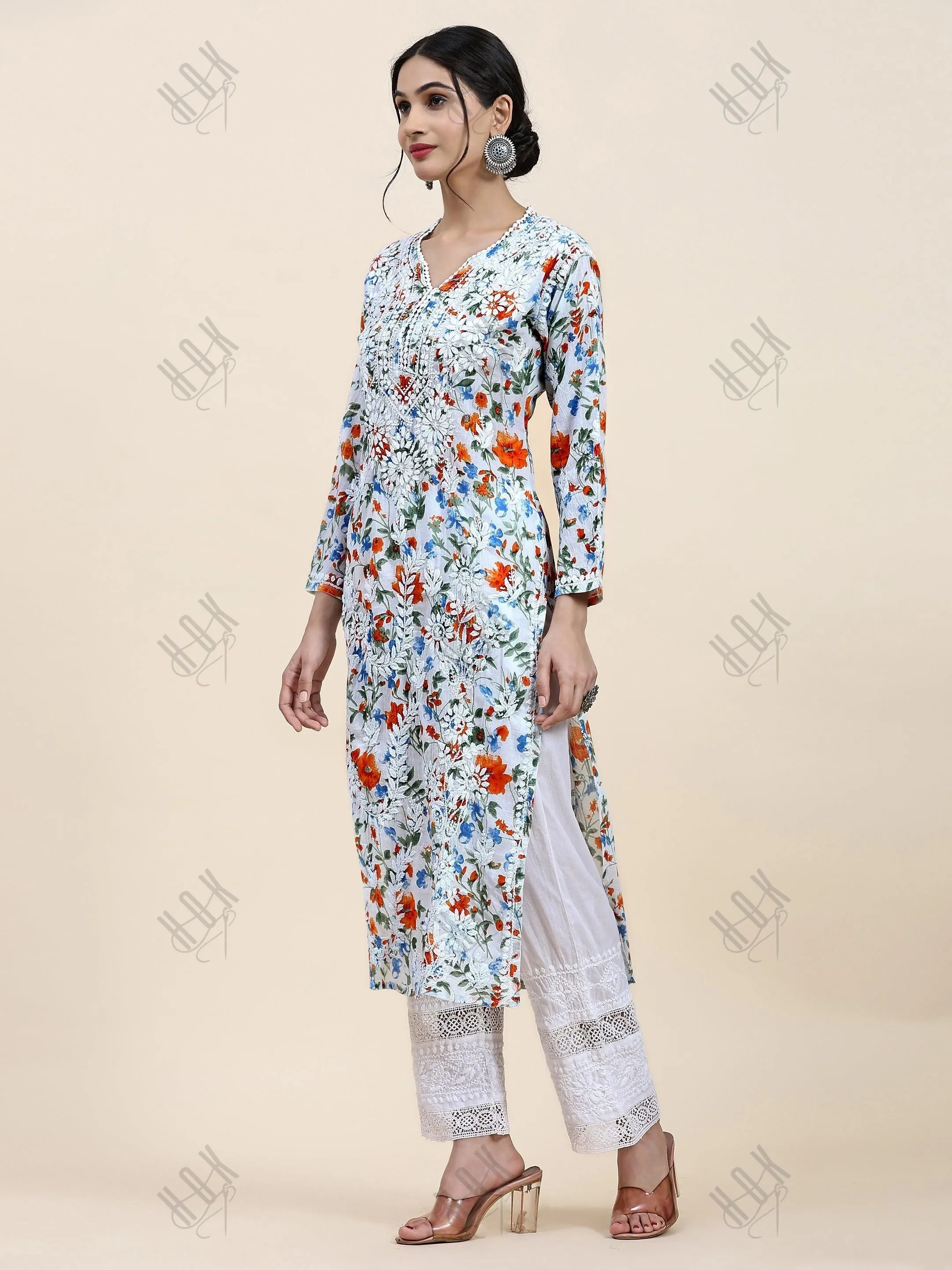 Fizaa Chikankari Long Kurta in Mul Cotton for Women - Blue with Orange Flower