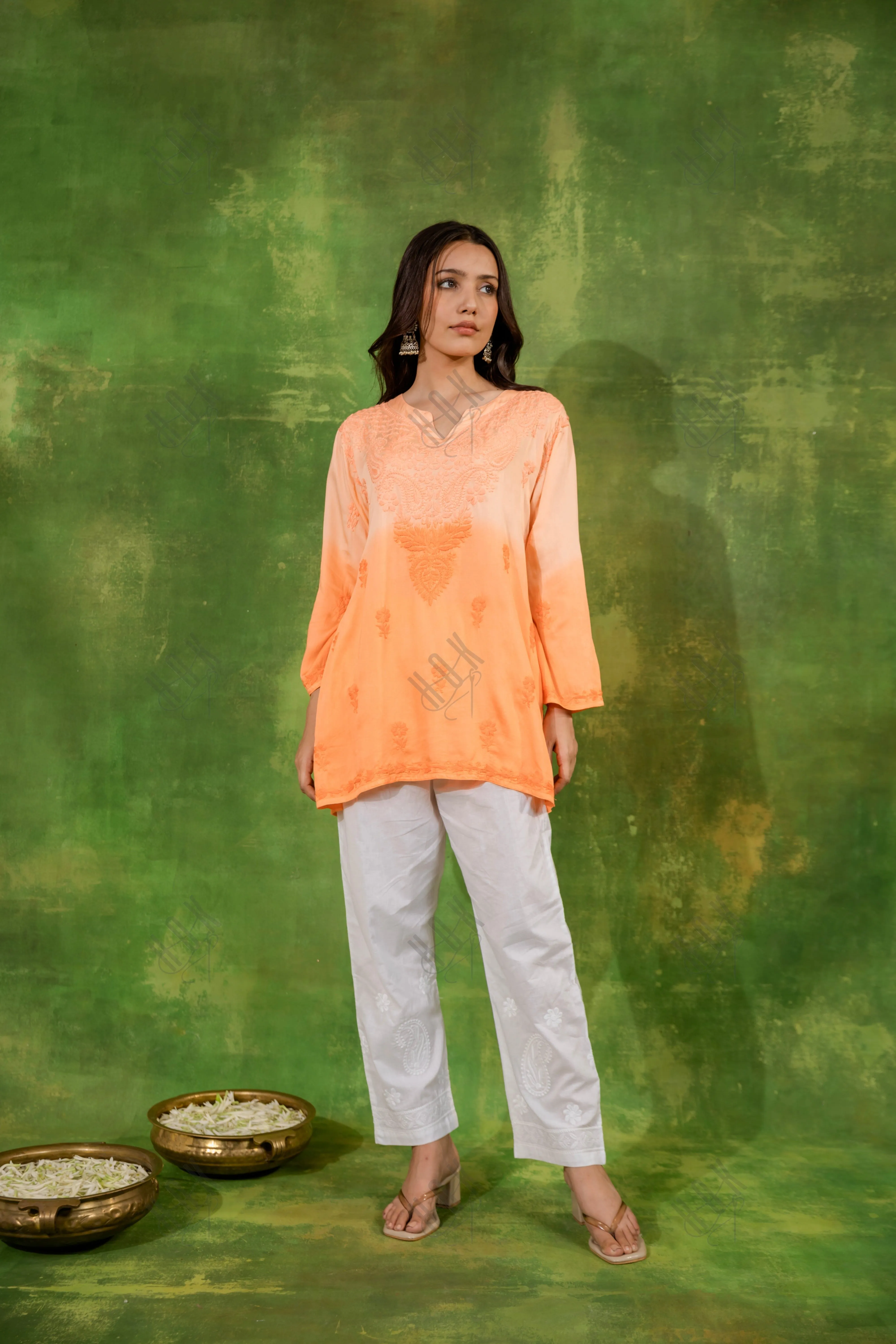 Fizaa Short Kurta in Satin Cotton for Women- Orange