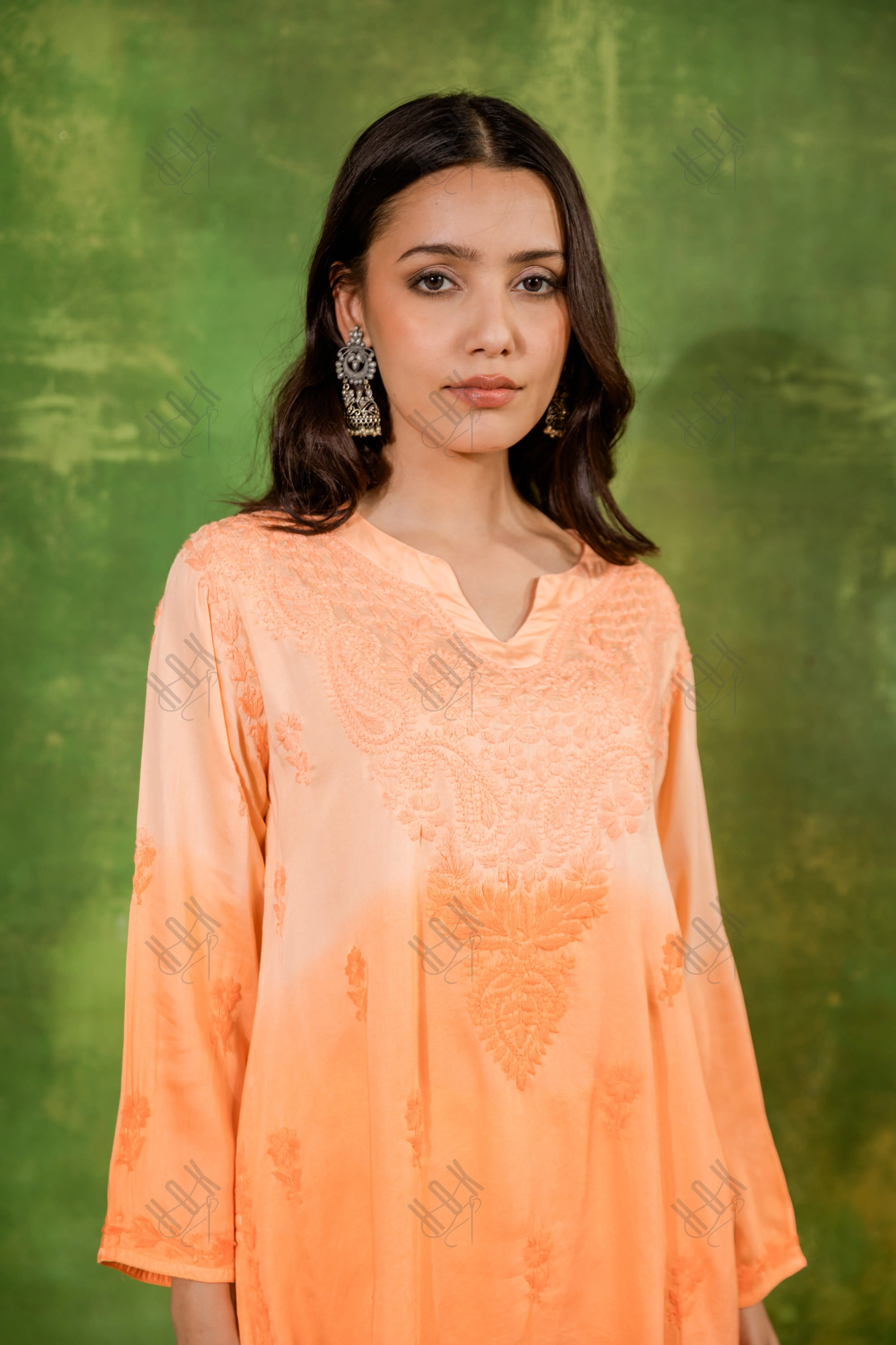 Fizaa Short Kurta in Satin Cotton for Women- Orange