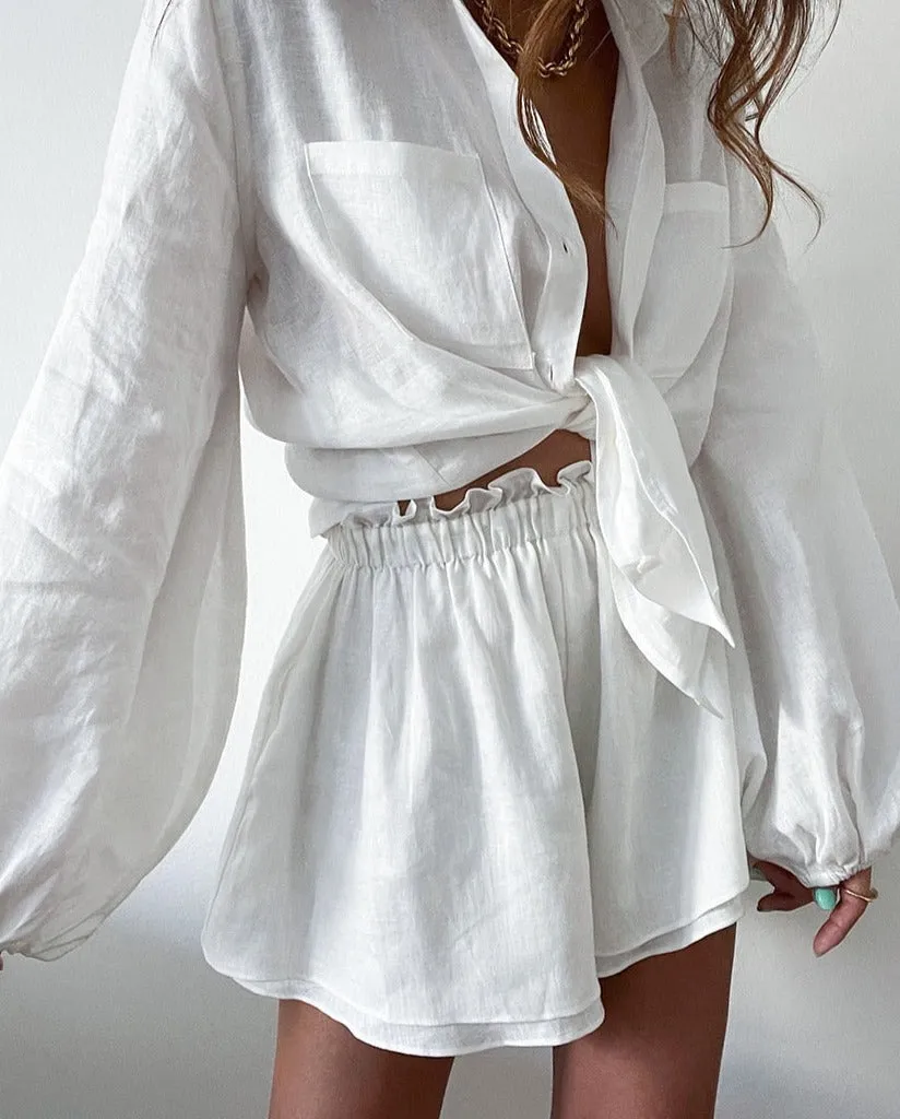 Getadme Bclout Summer Linen Ruffle Shorts Sets Women 2 Pieces Lantern Sleeve  White Tops Loose Elastic Waist Shorts Suits Vacation