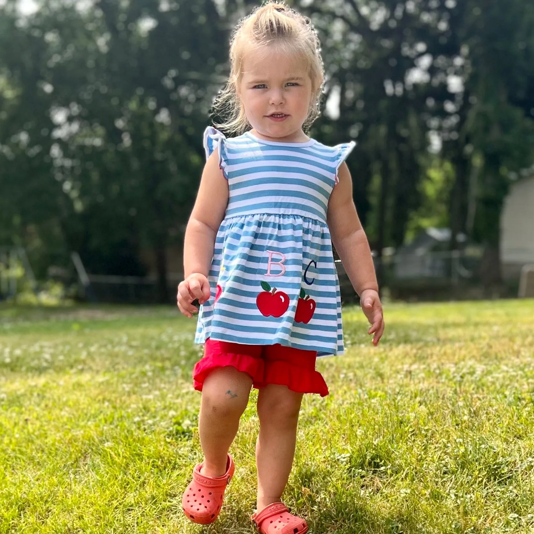 Girls Blue Stripped Back to School Apple Top with Red Ruffle Shorts