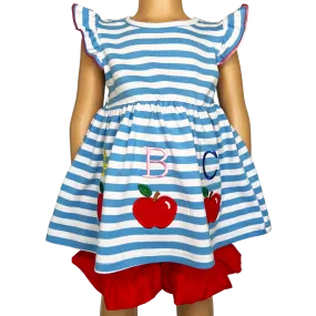 Girls Blue Stripped Back to School Apple Top with Red Ruffle Shorts