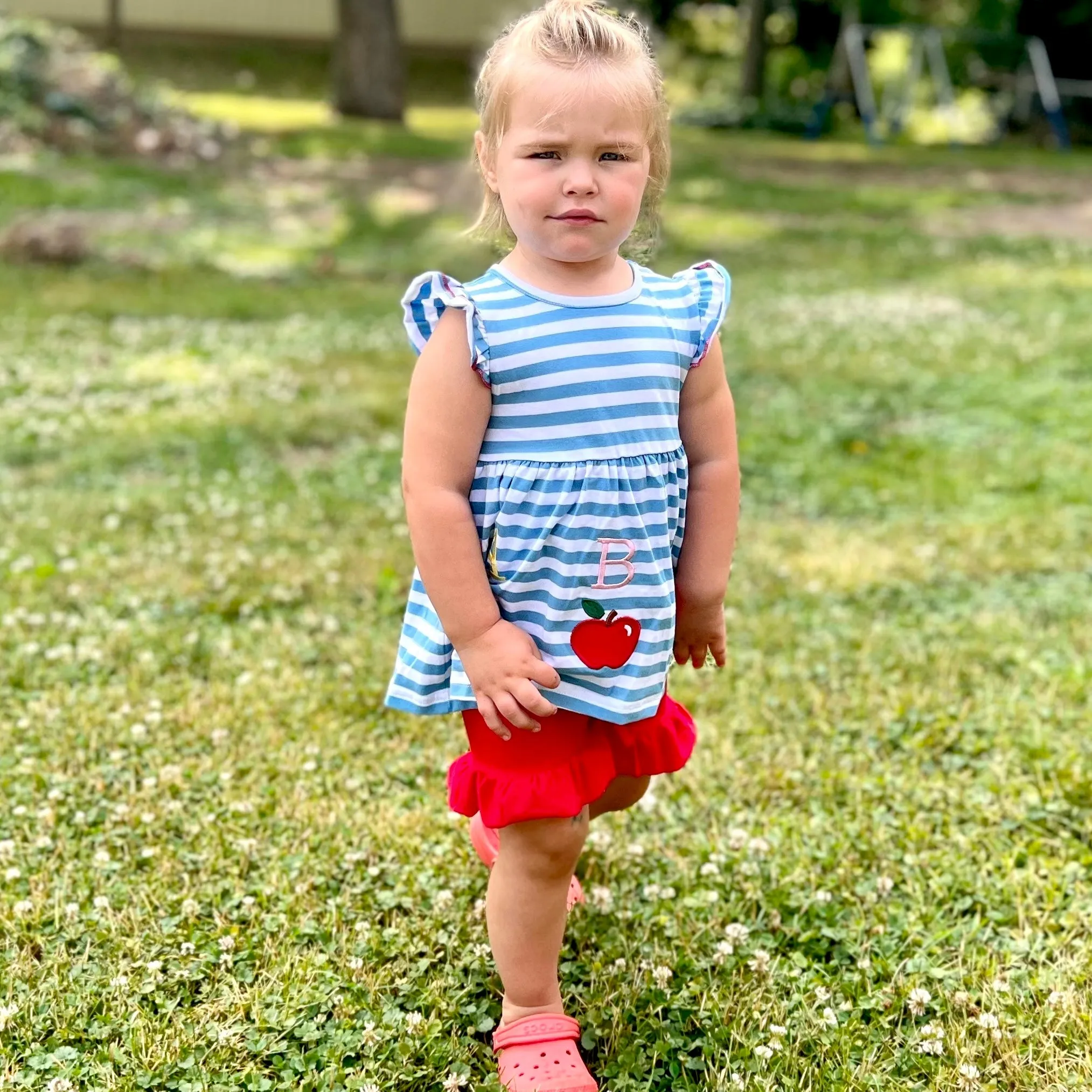 Girls Blue Stripped Back to School Apple Top with Red Ruffle Shorts