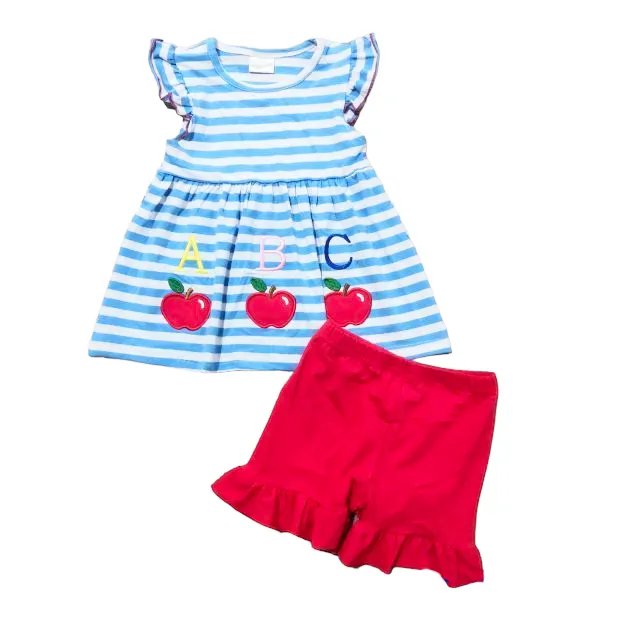 Girls Blue Stripped Back to School Apple Top with Red Ruffle Shorts