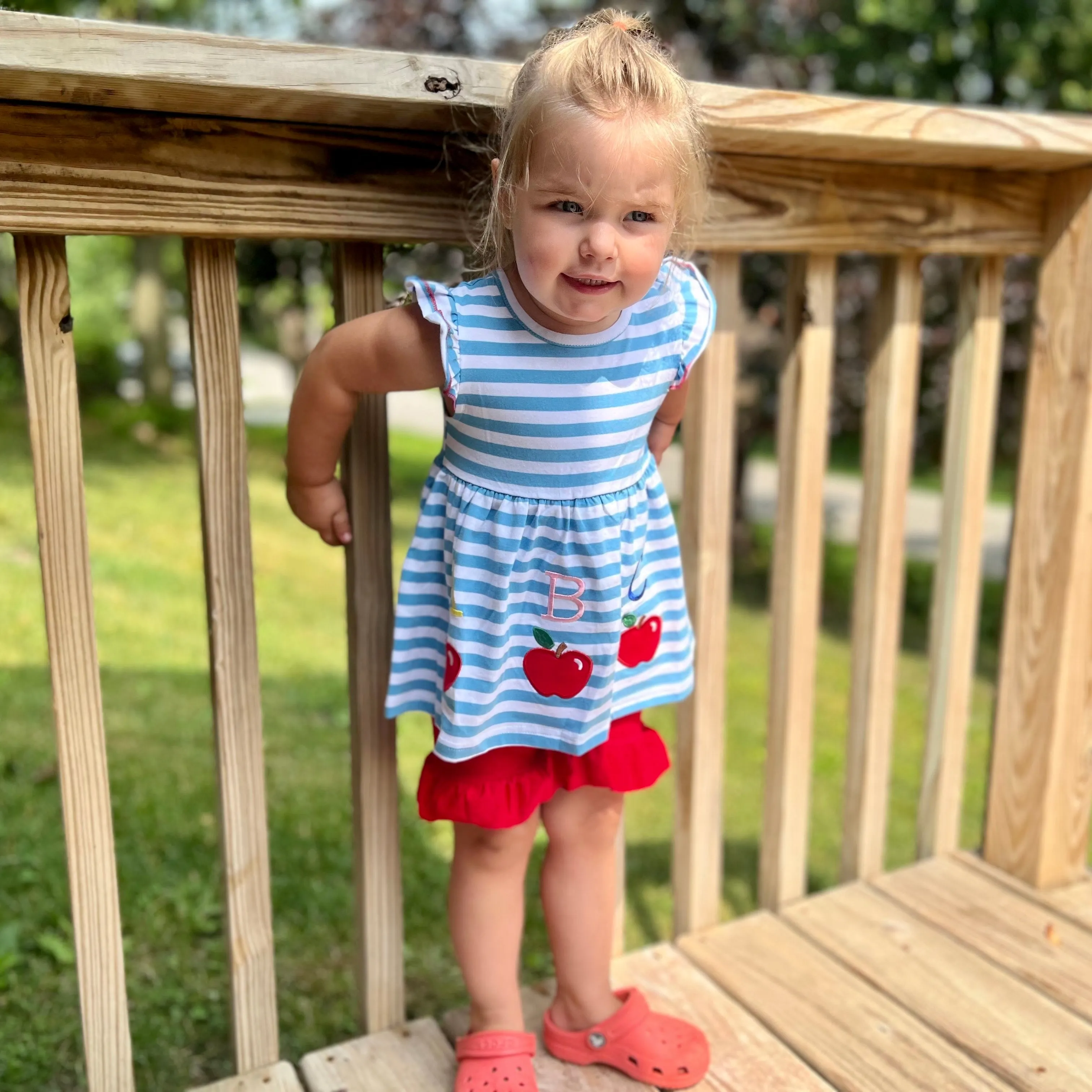 Girls Blue Stripped Back to School Apple Top with Red Ruffle Shorts