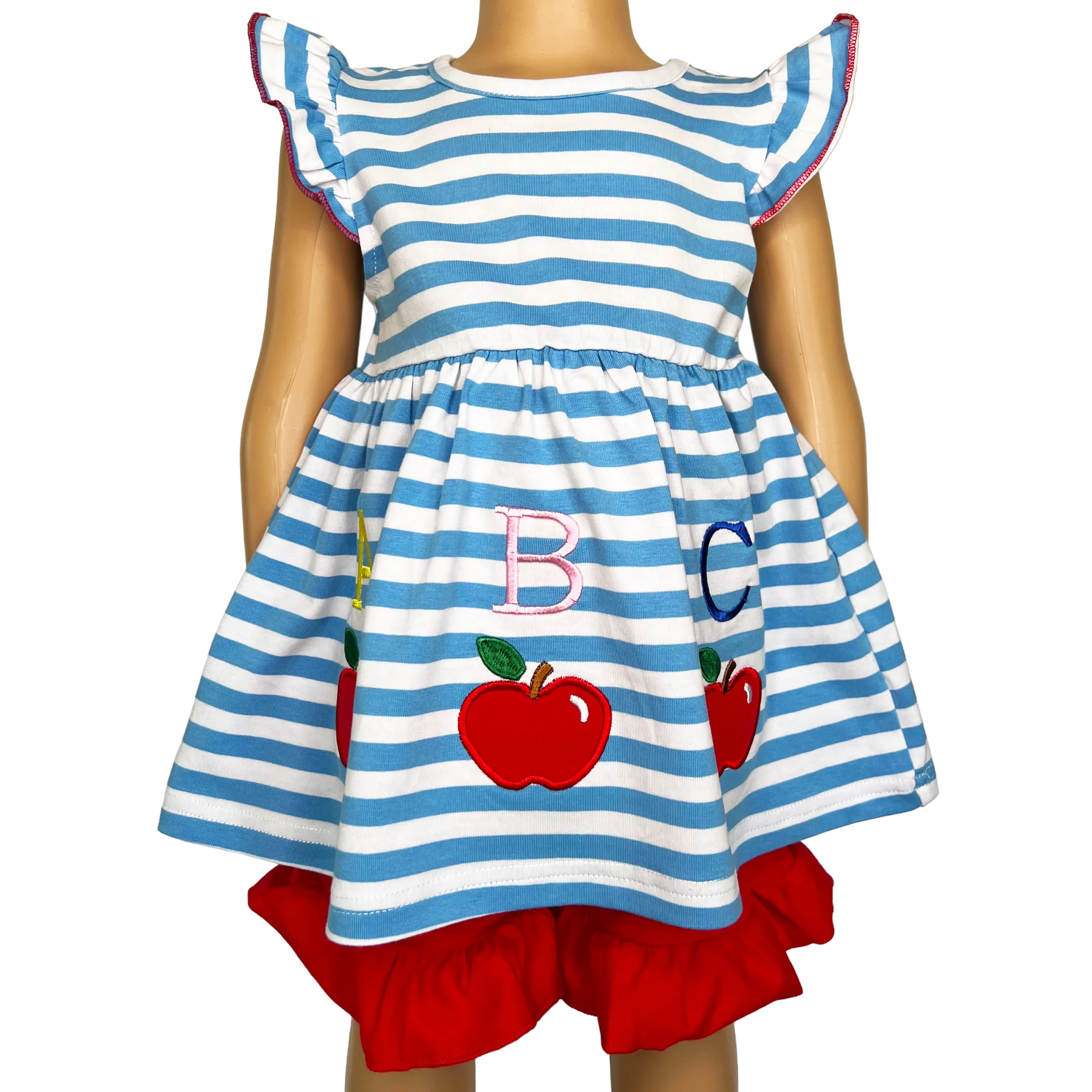 Girls Blue Stripped Back to School Apple Top with Red Ruffle Shorts