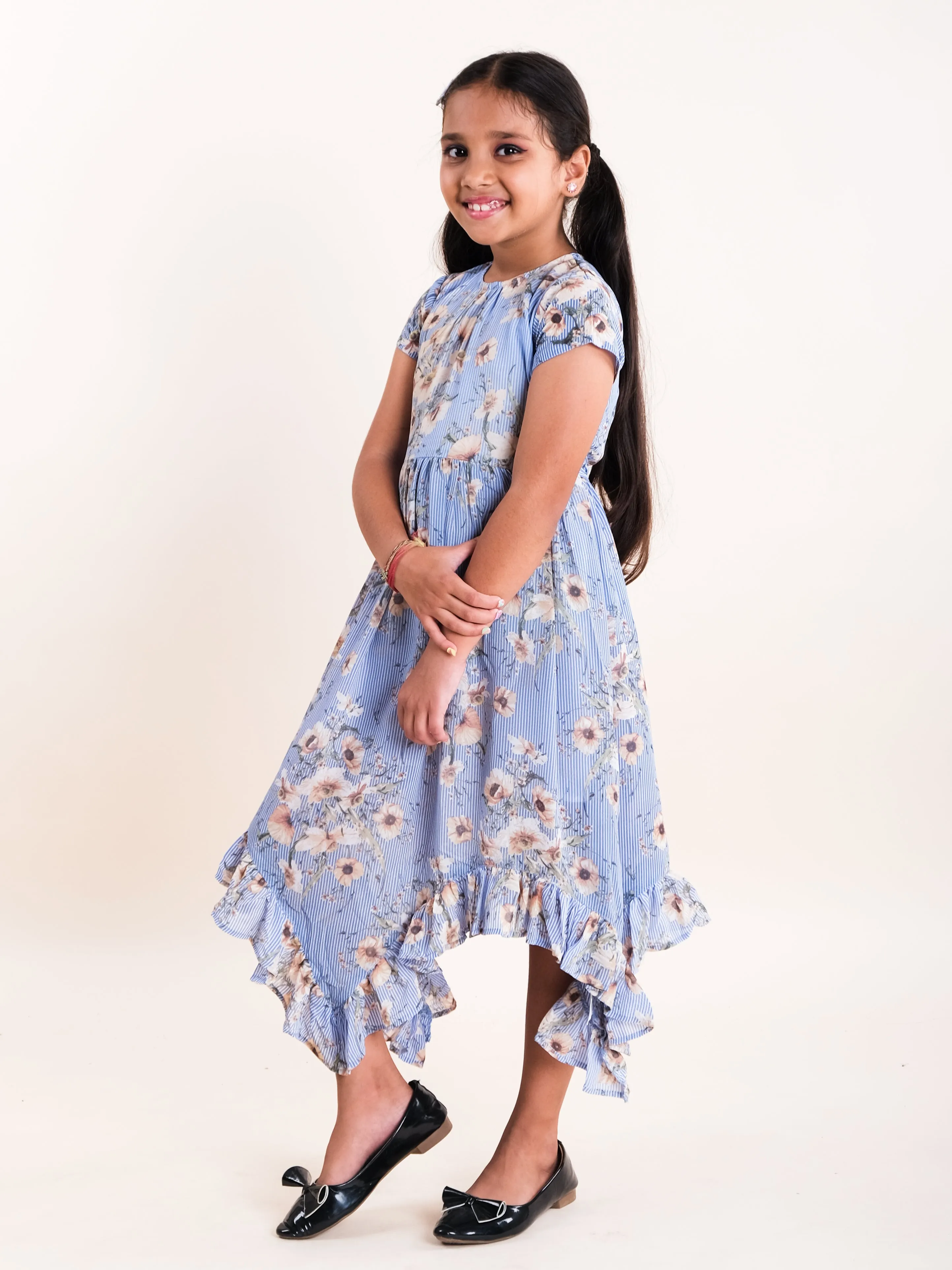 Girls Cap Sleeves Asymmetric Frill Hem Dress