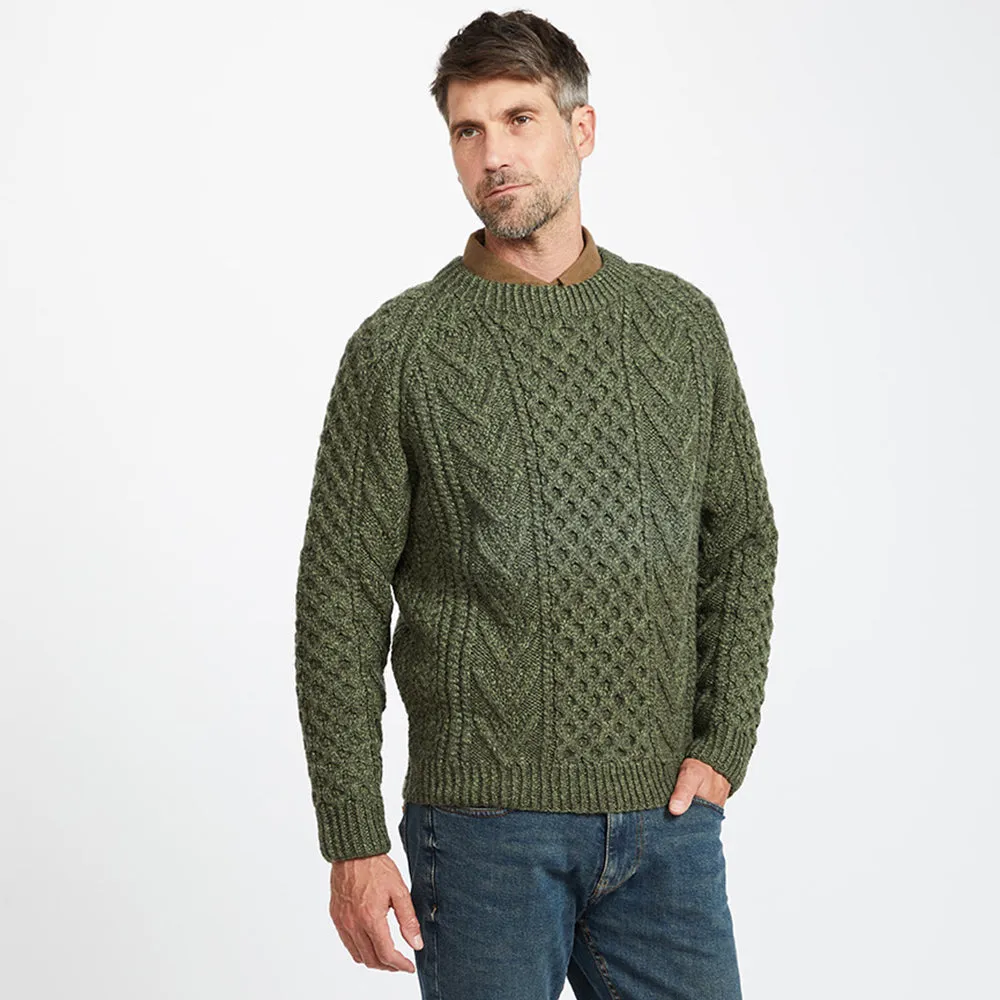 Green Unisex Hand Knit Crew Neck Aran Sweater