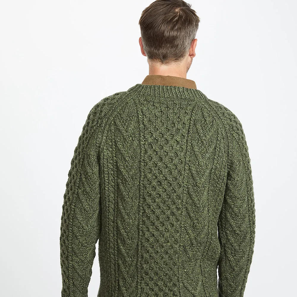 Green Unisex Hand Knit Crew Neck Aran Sweater