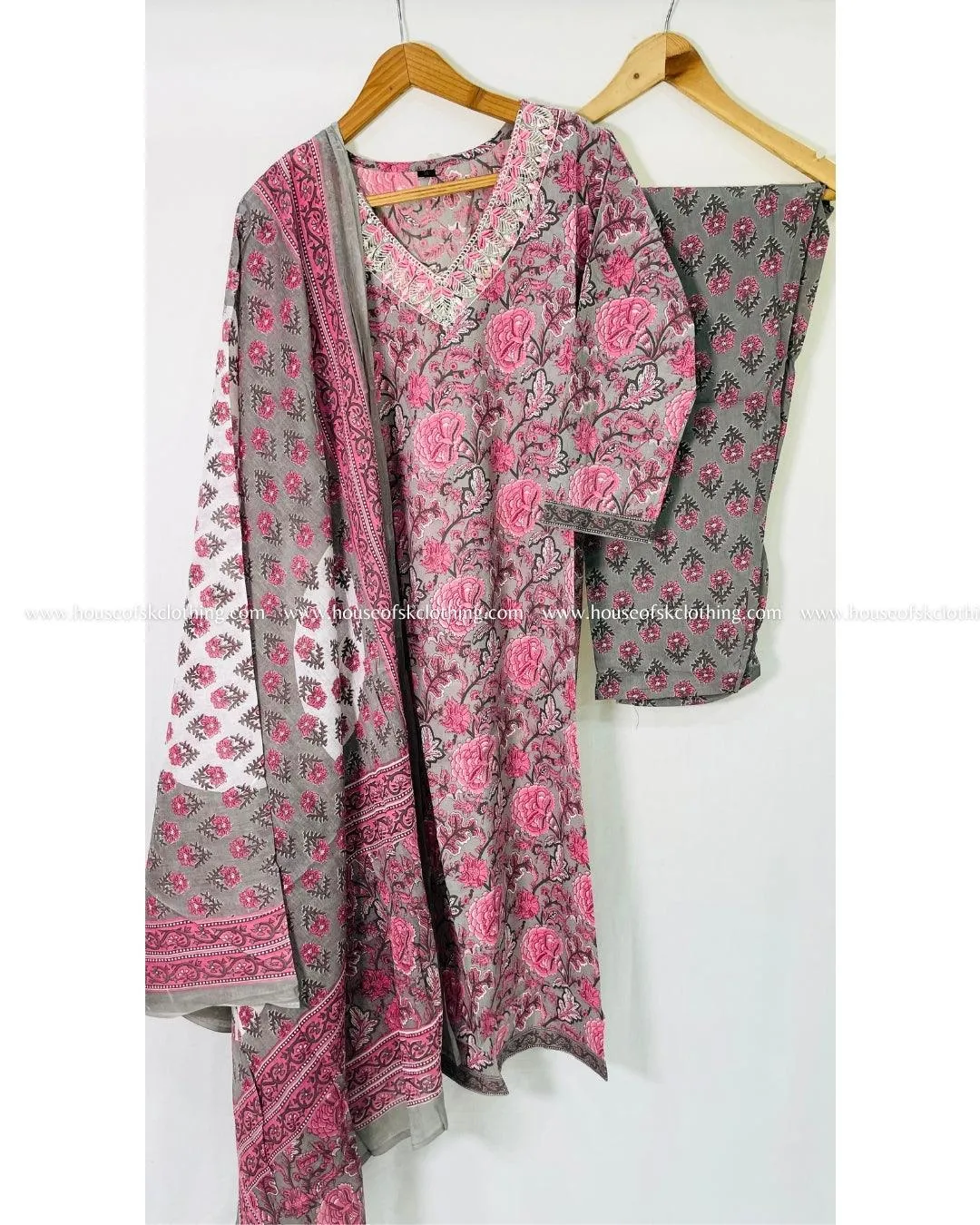 Grey Dusty Rose Cotton Kurta Set