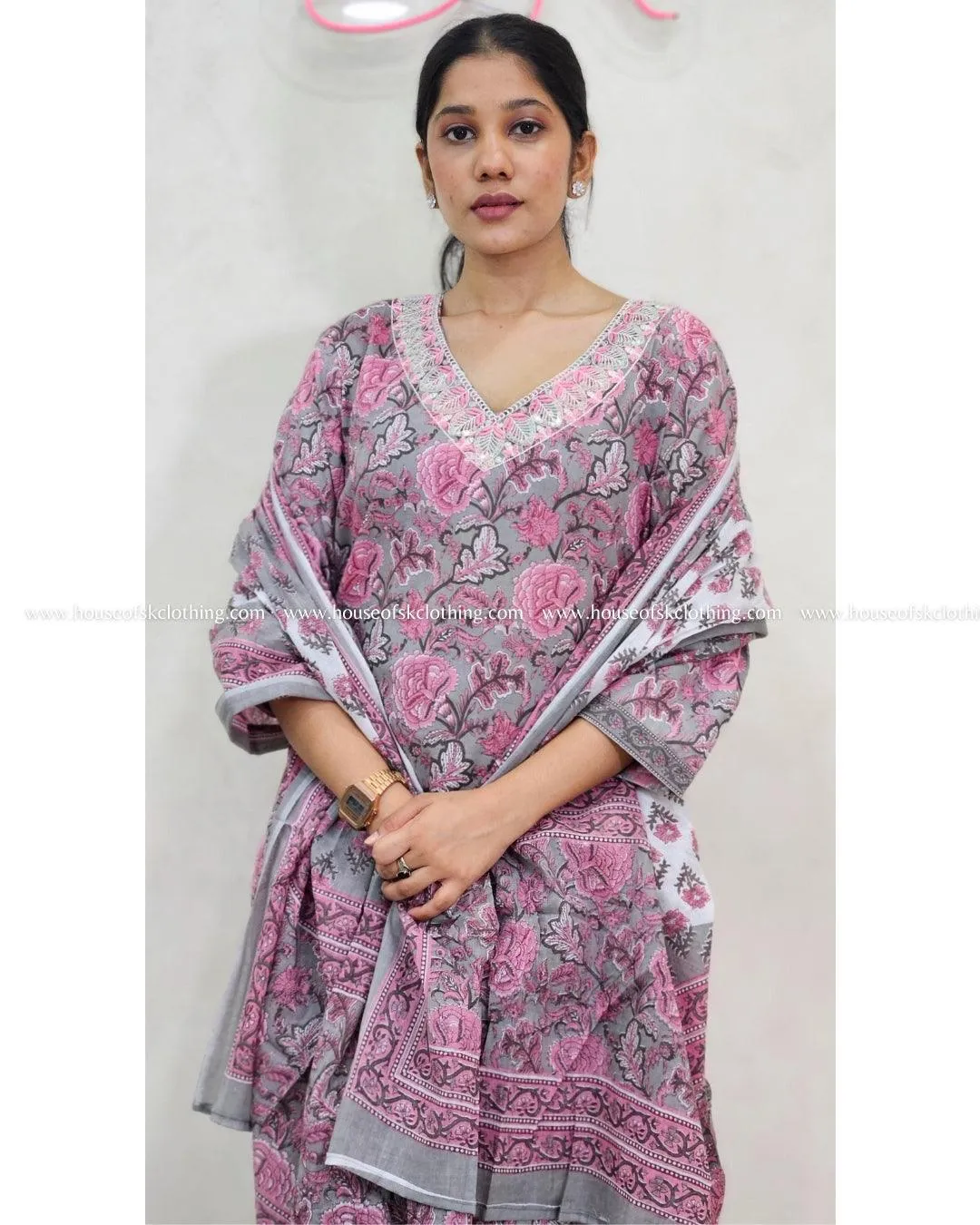 Grey Dusty Rose Cotton Kurta Set