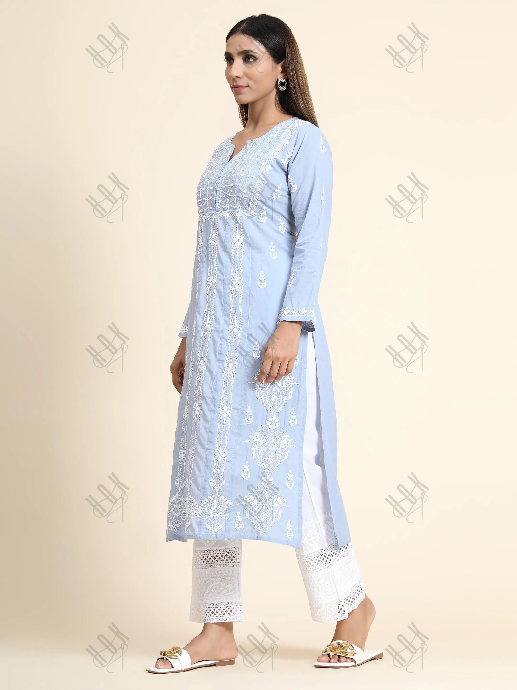 Hand Embroidery Chikankari Long Kurti for Women | Stylish Casual | Fancy| Cloud Blue