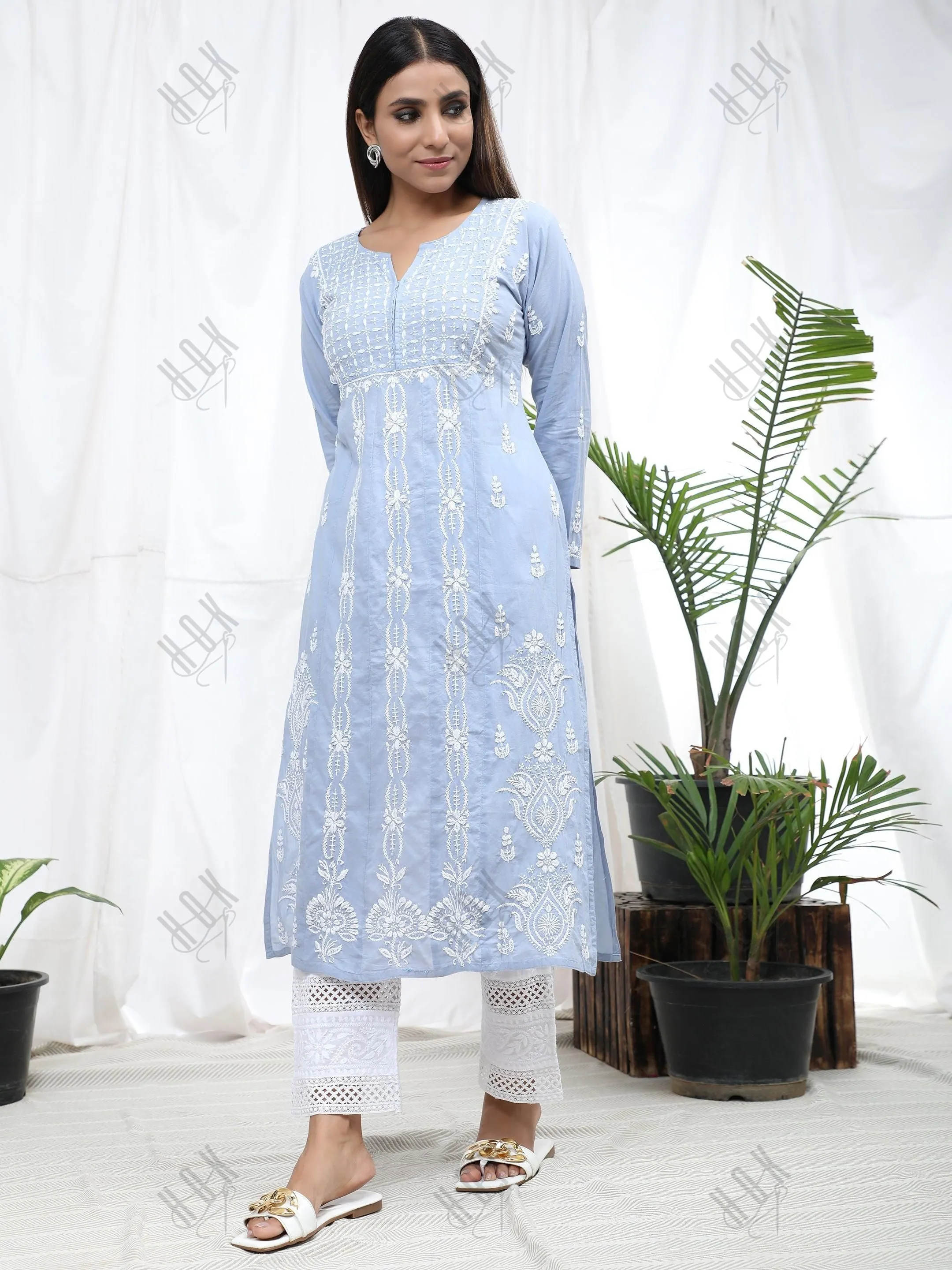 Hand Embroidery Chikankari Long Kurti for Women | Stylish Casual | Fancy| Cloud Blue