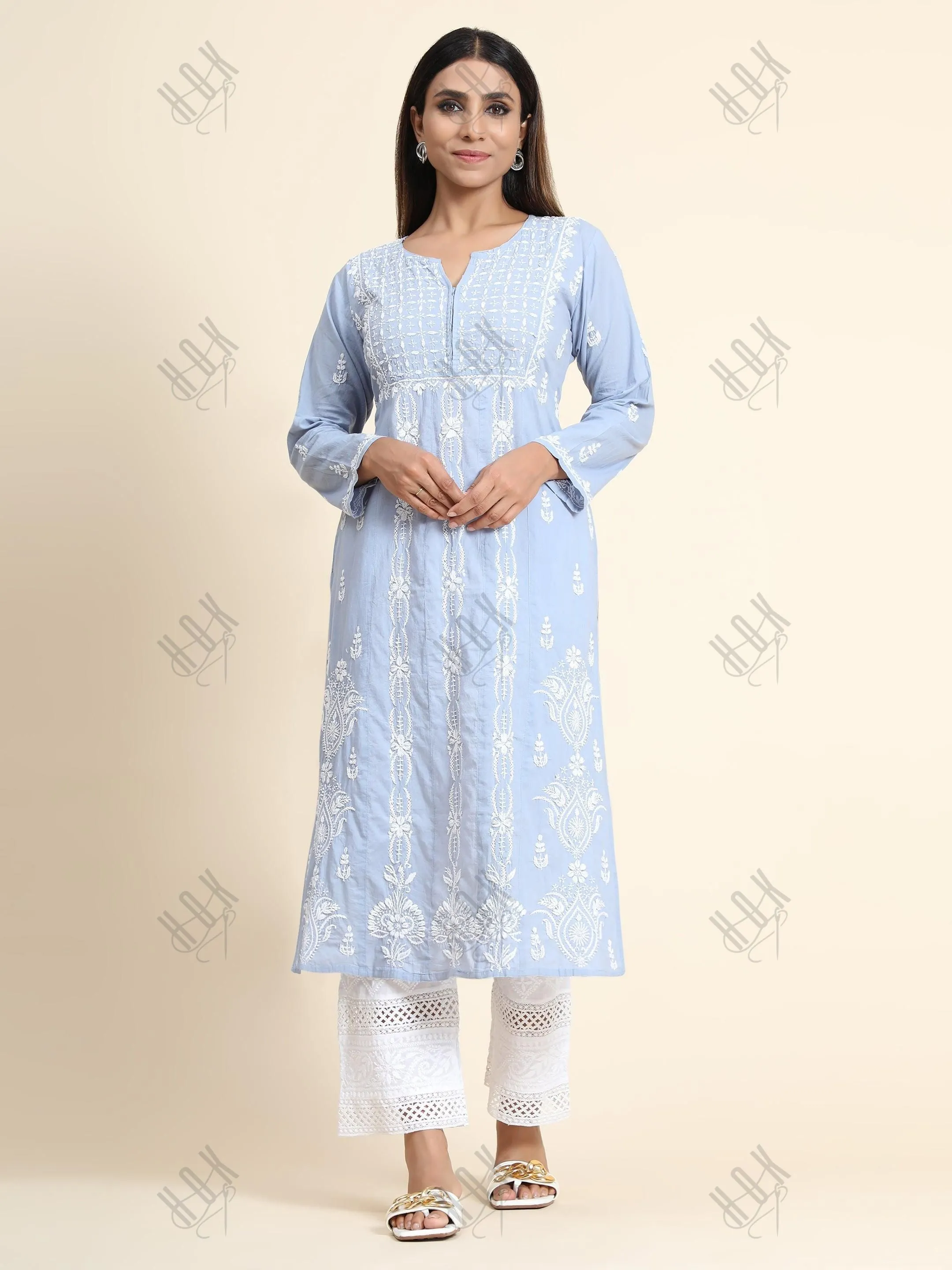 Hand Embroidery Chikankari Long Kurti for Women | Stylish Casual | Fancy| Cloud Blue