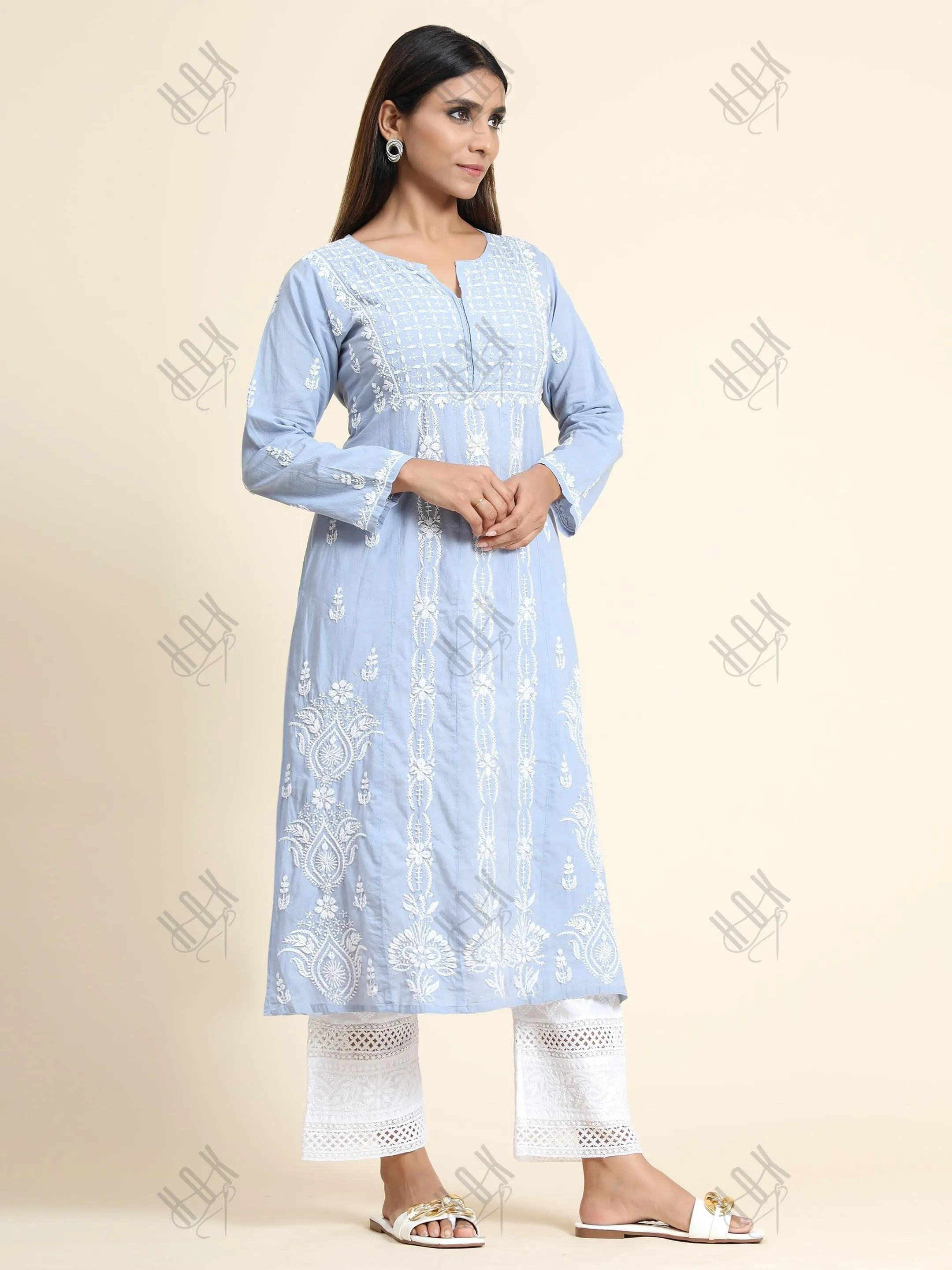 Hand Embroidery Chikankari Long Kurti for Women | Stylish Casual | Fancy| Cloud Blue