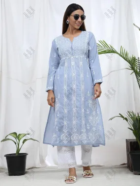 Hand Embroidery Chikankari Long Kurti for Women | Stylish Casual | Fancy| Cloud Blue