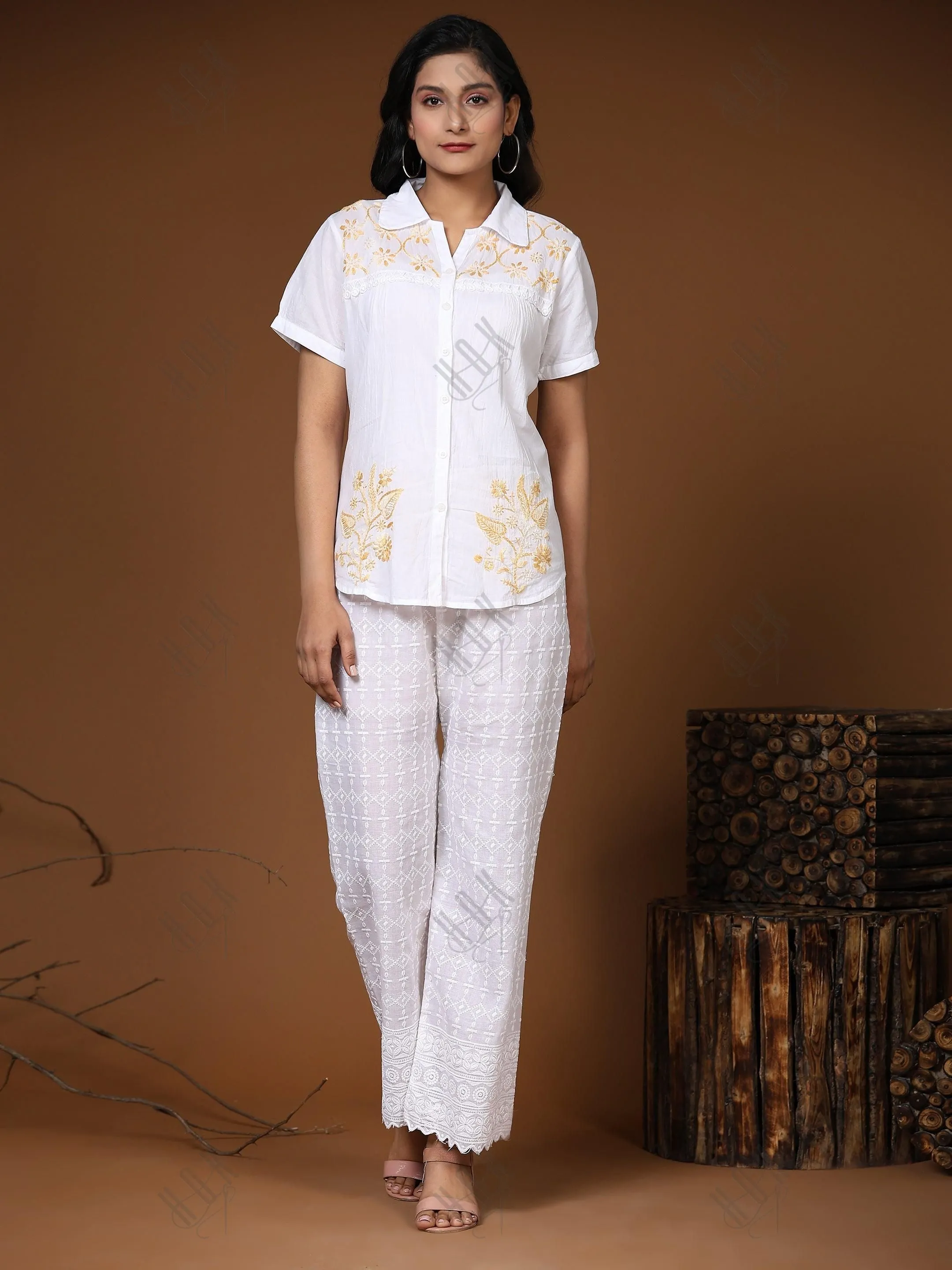 Hand embroidery Chikankari tunic-White With Beige