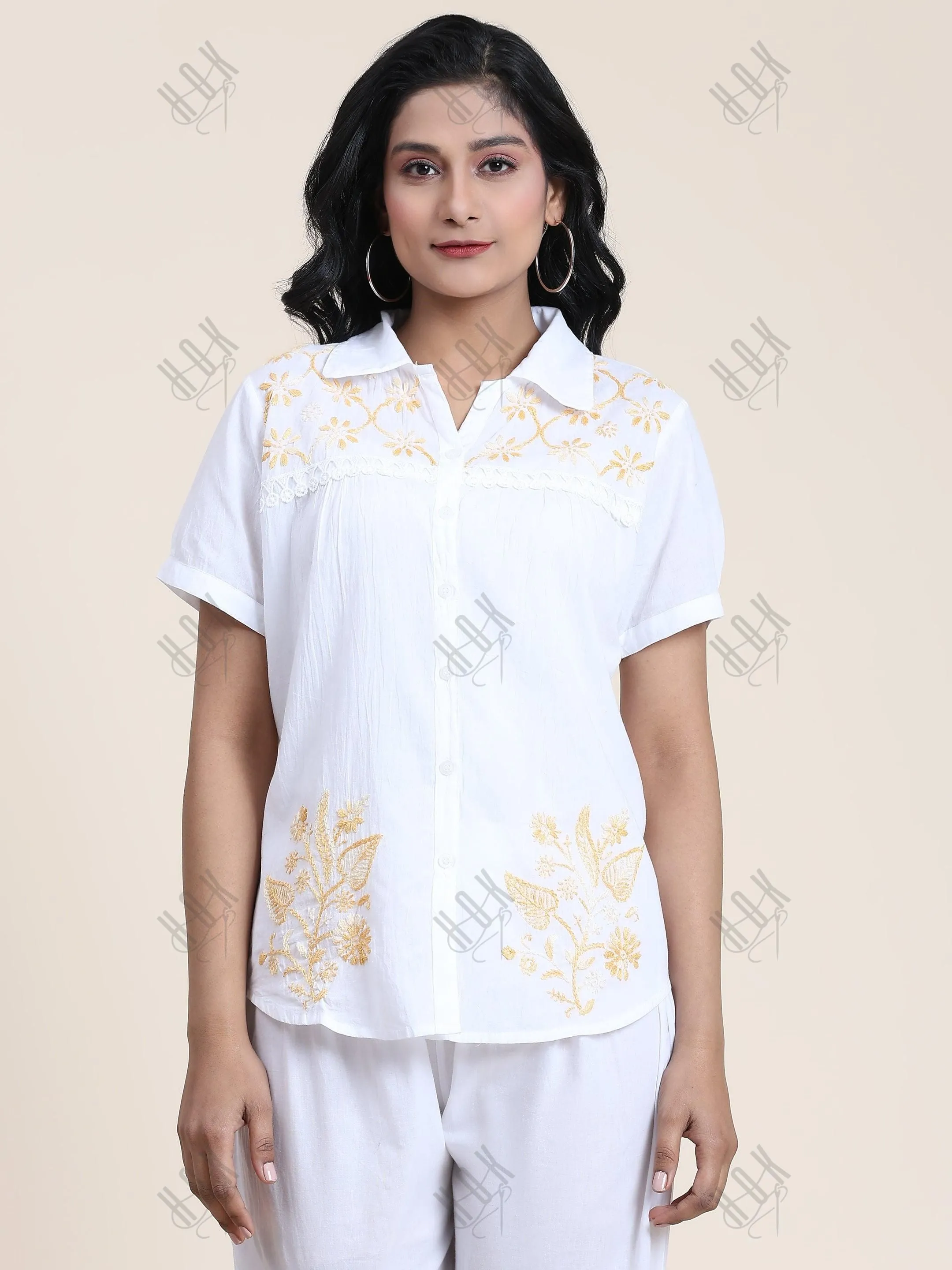 Hand embroidery Chikankari tunic-White With Beige