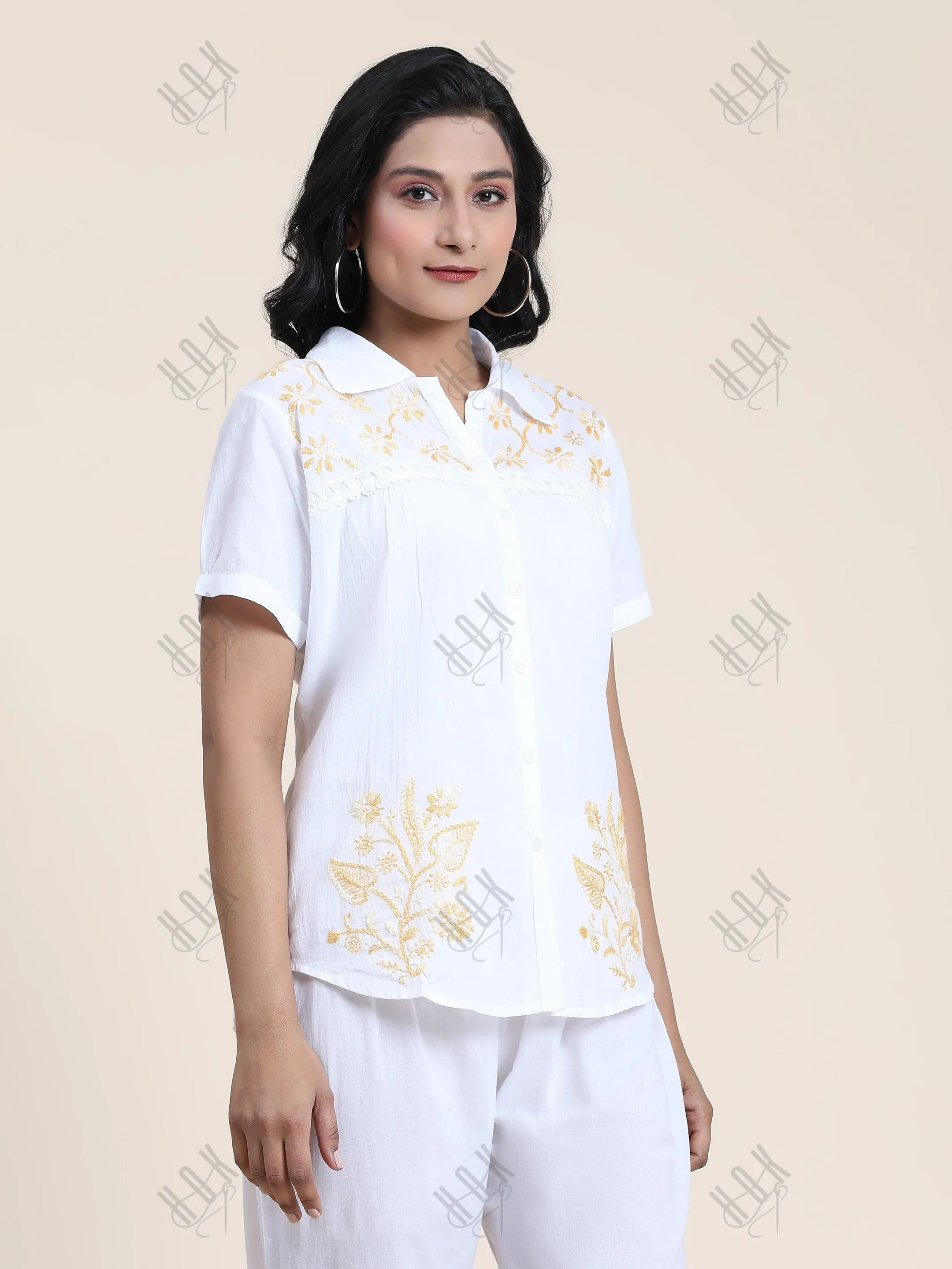 Hand embroidery Chikankari tunic-White With Beige