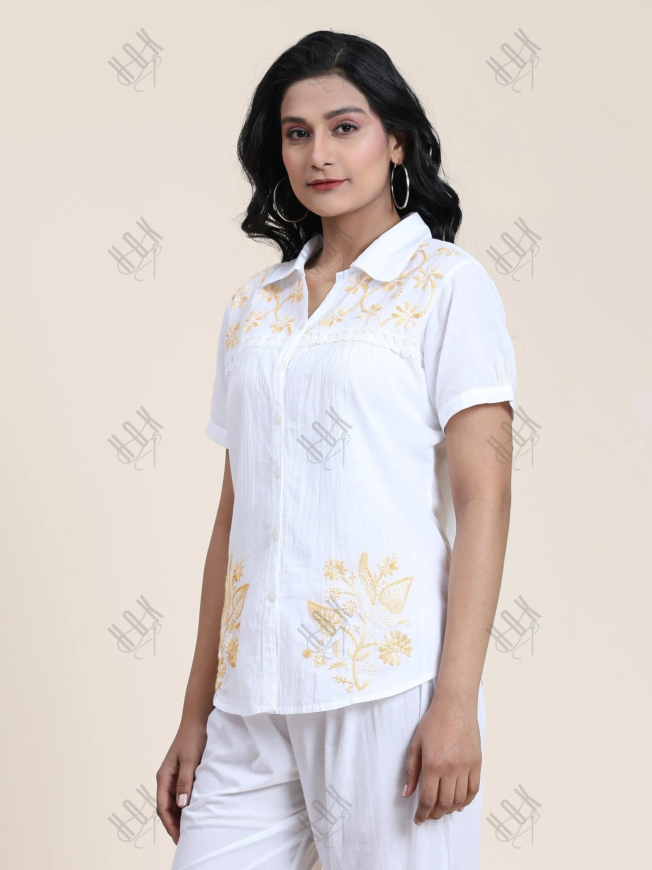 Hand embroidery Chikankari tunic-White With Beige