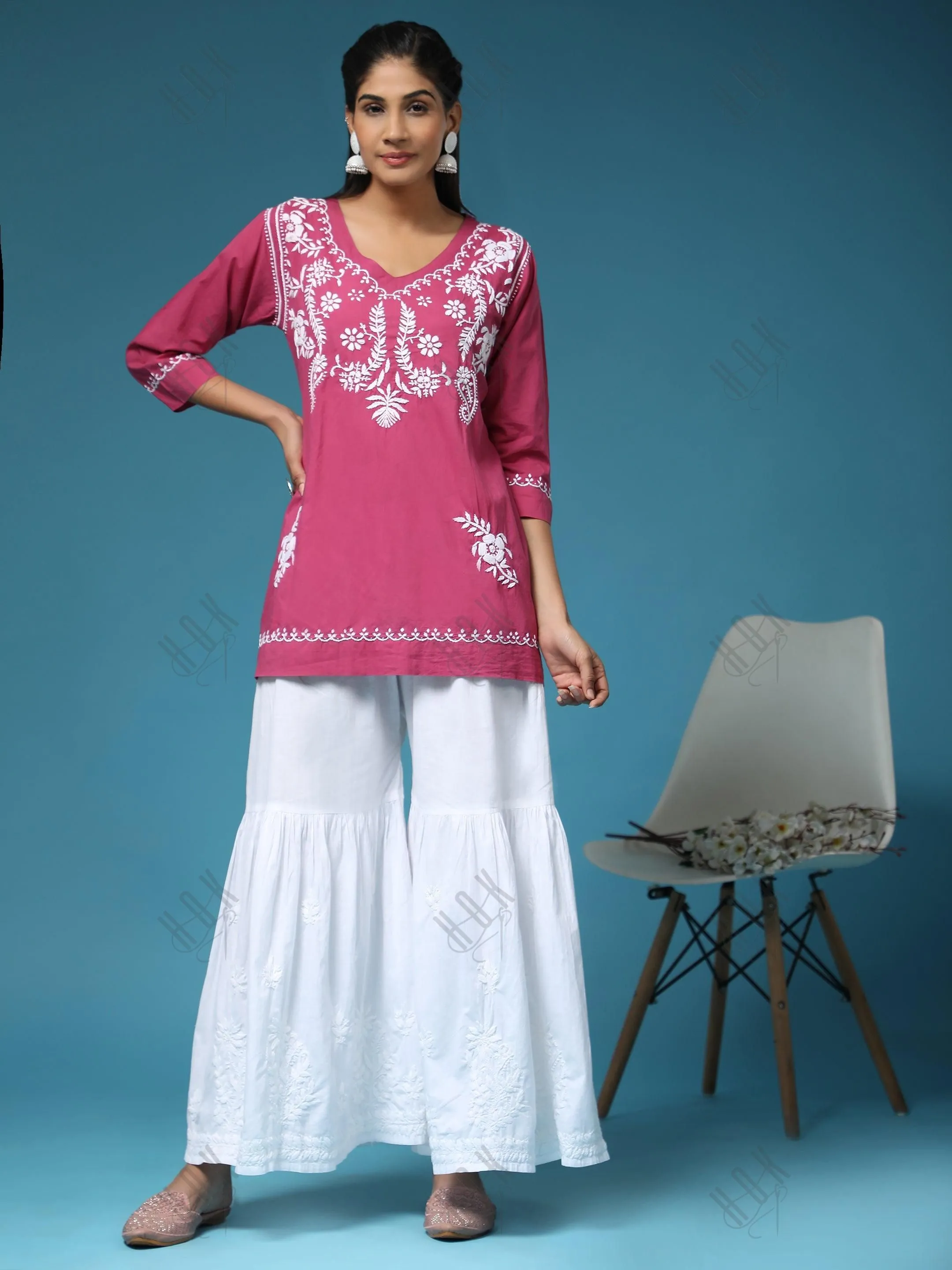 Hand Embroidery Chinakari Short Cotton Tunics- Pink