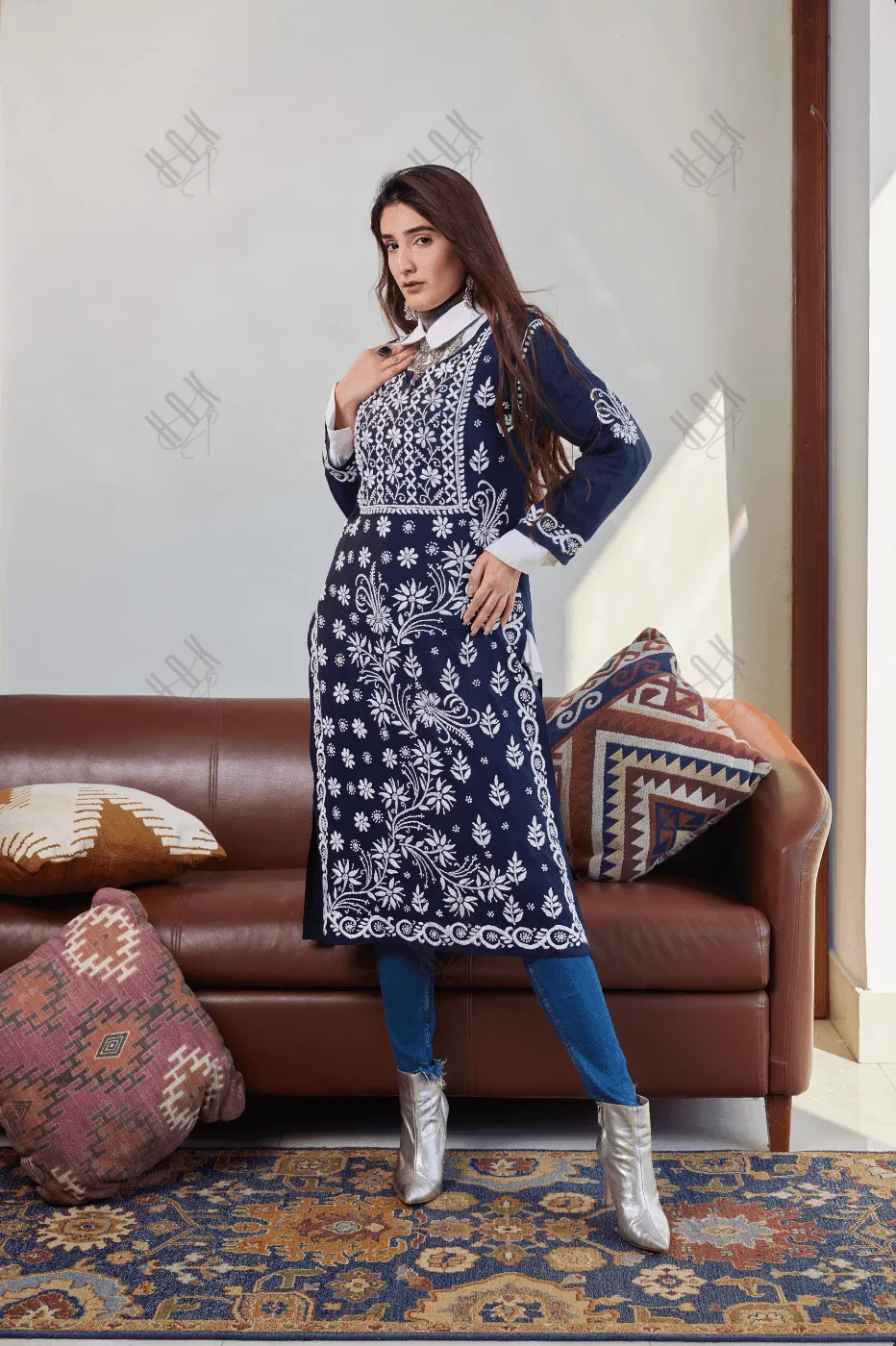 HOK Chikankari Stylish Kurti Dark Blue