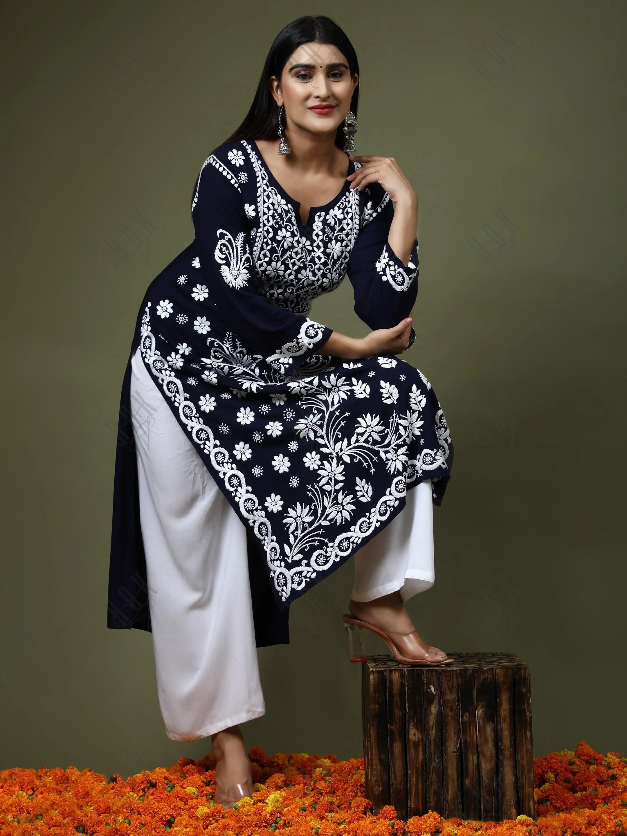 HOK Chikankari Stylish Kurti Dark Blue