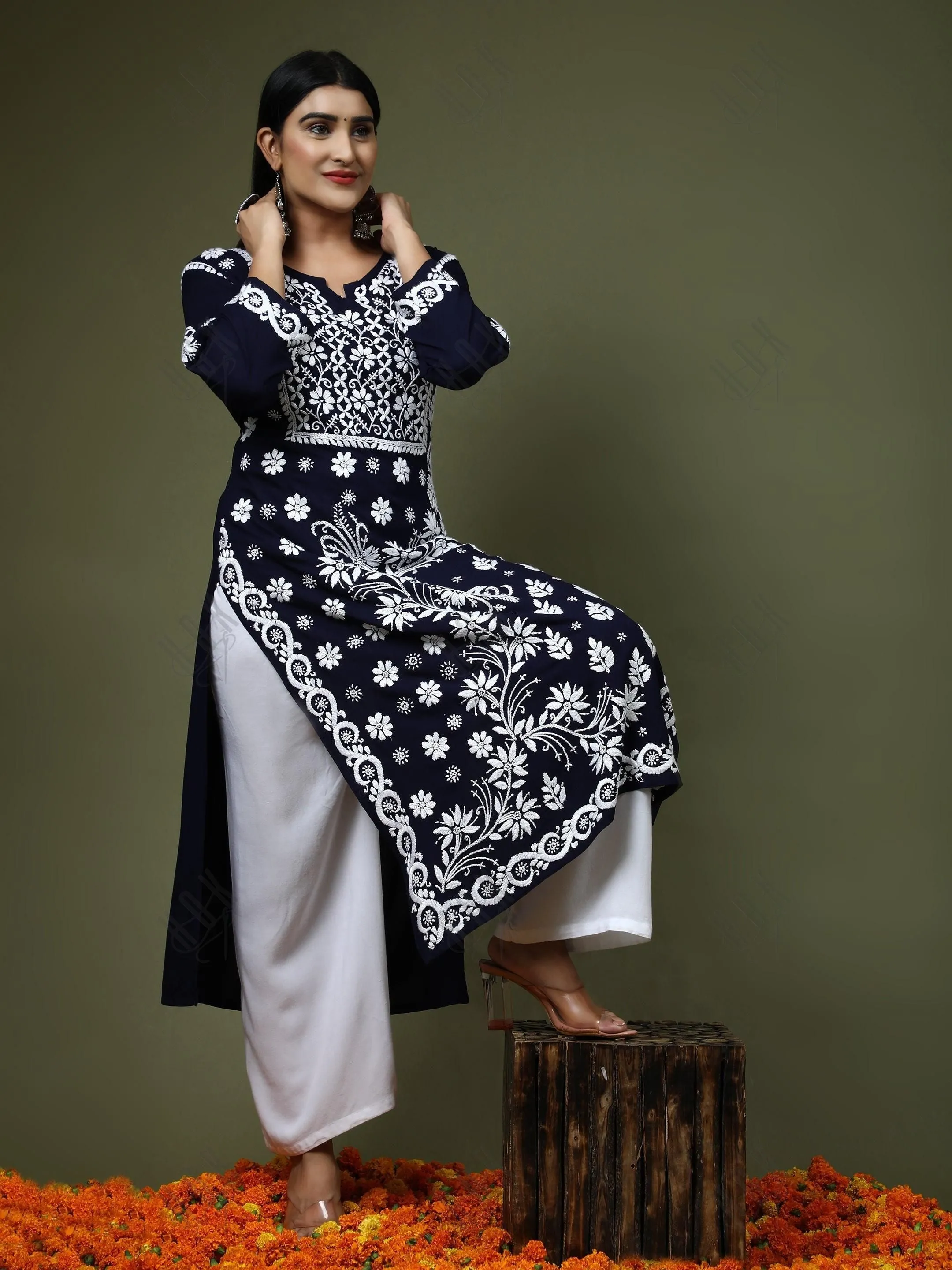 HOK Chikankari Stylish Kurti Dark Blue