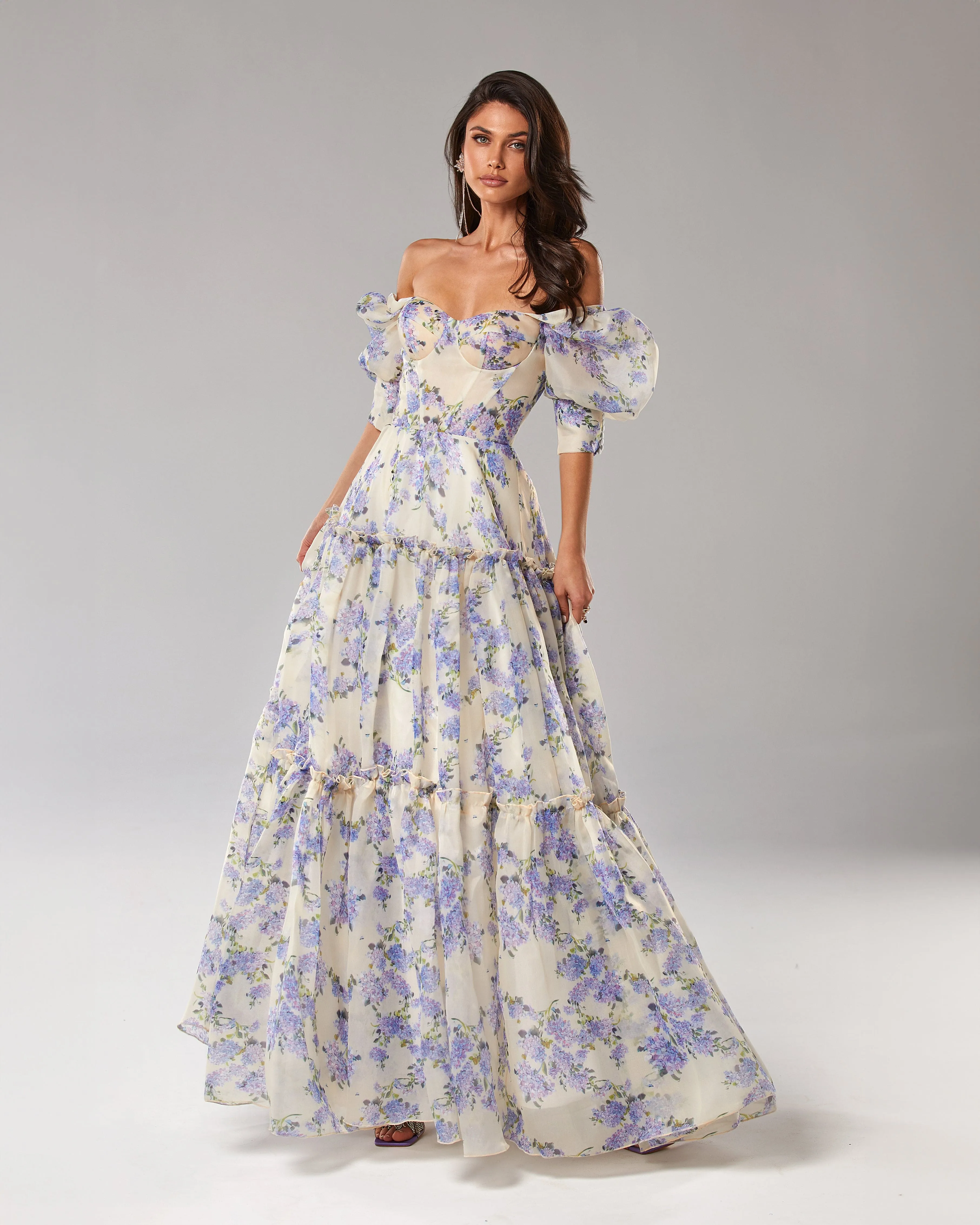 Hydrangea Feminine voluminous sheer sleeves dress