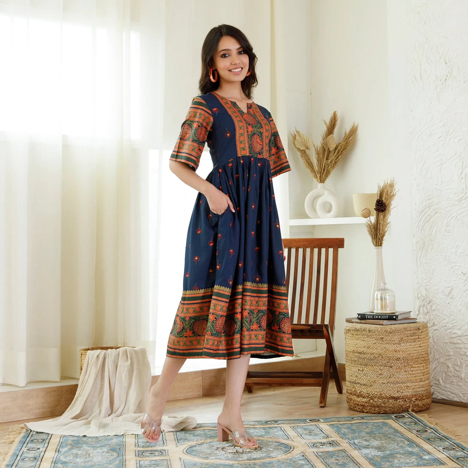 Indigo Trapeze Dress with Flared Sleeves