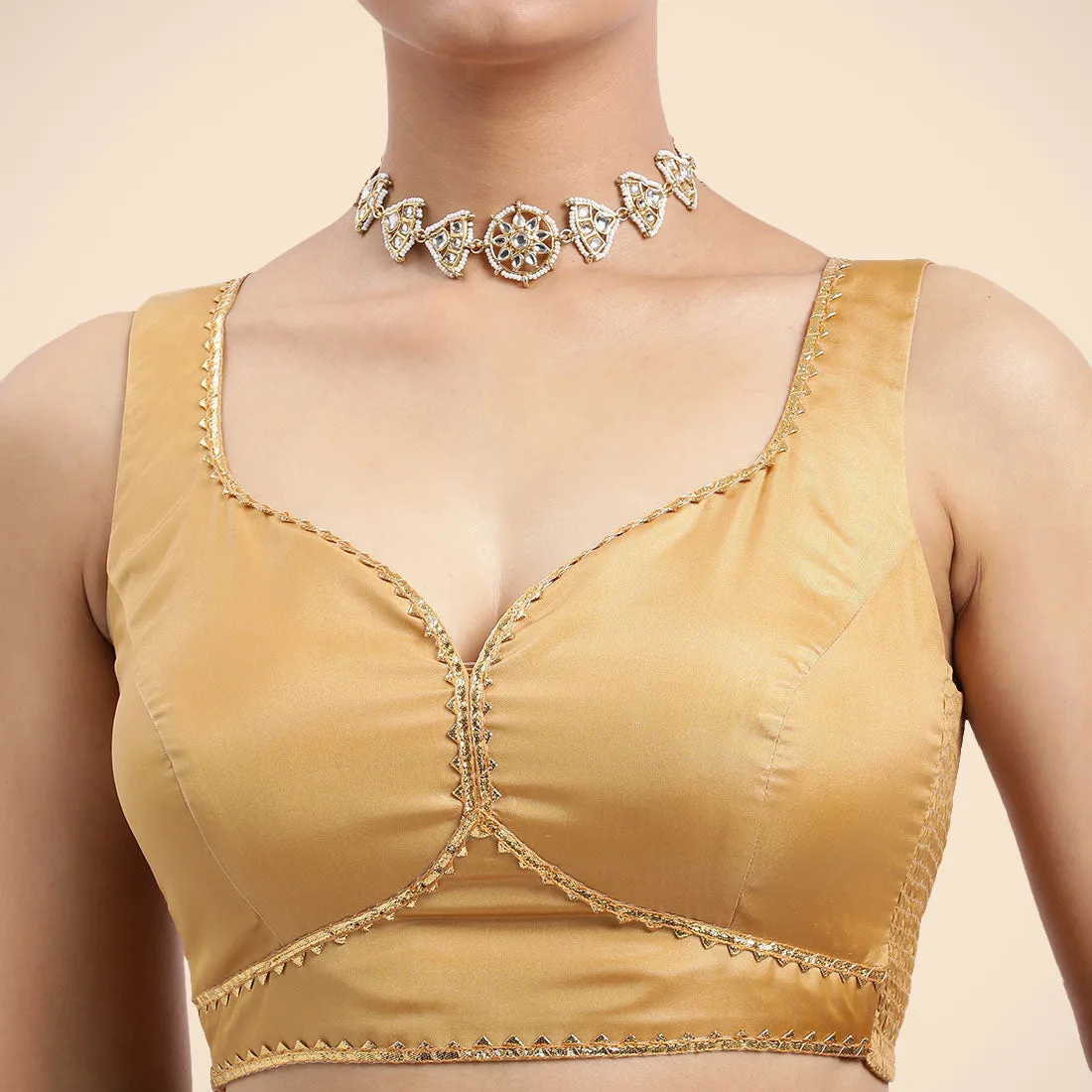 Ishika x Tyohaar | Gold Sleeveless FlexiFit™ Saree Blouse with Beetle Leaf Neckline with Golden Gota Lace and Back Cut-out with Tie-Up