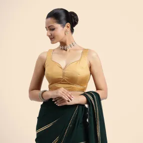 Ishika x Tyohaar | Gold Sleeveless FlexiFit™ Saree Blouse with Beetle Leaf Neckline with Golden Gota Lace and Back Cut-out with Tie-Up