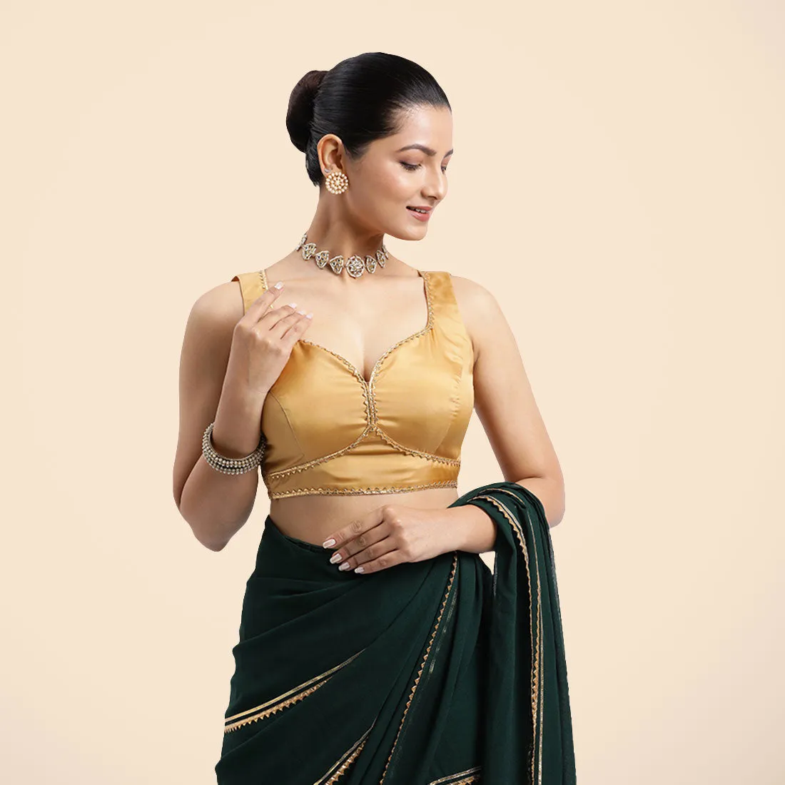 Ishika x Tyohaar | Gold Sleeveless FlexiFit™ Saree Blouse with Beetle Leaf Neckline with Golden Gota Lace and Back Cut-out with Tie-Up